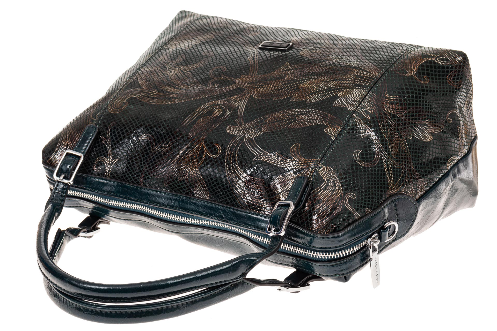 На фото 3 - Женская комбинированная сумка из экокожи и натуральной кожи, зеленая