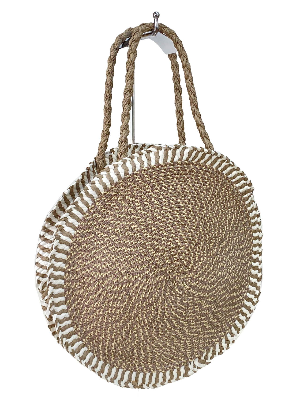 На фото 1 - Круглая плетеная сумка из соломы, цвет бежево-серый