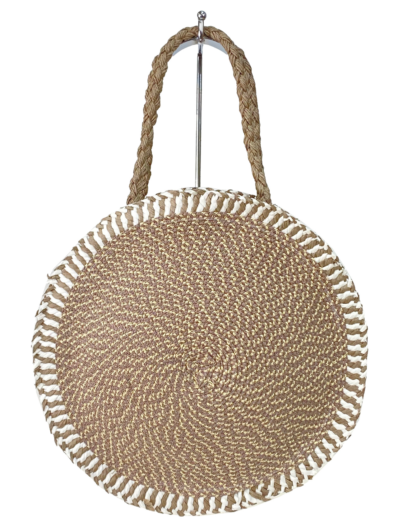 На фото 2 - Круглая плетеная сумка из соломы, цвет бежево-серый