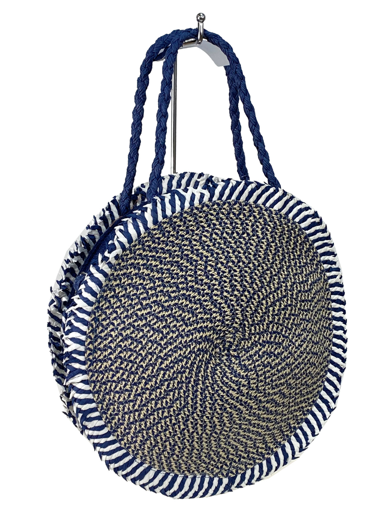 На фото 1 - Круглая плетеная сумка из соломы, цвет синий