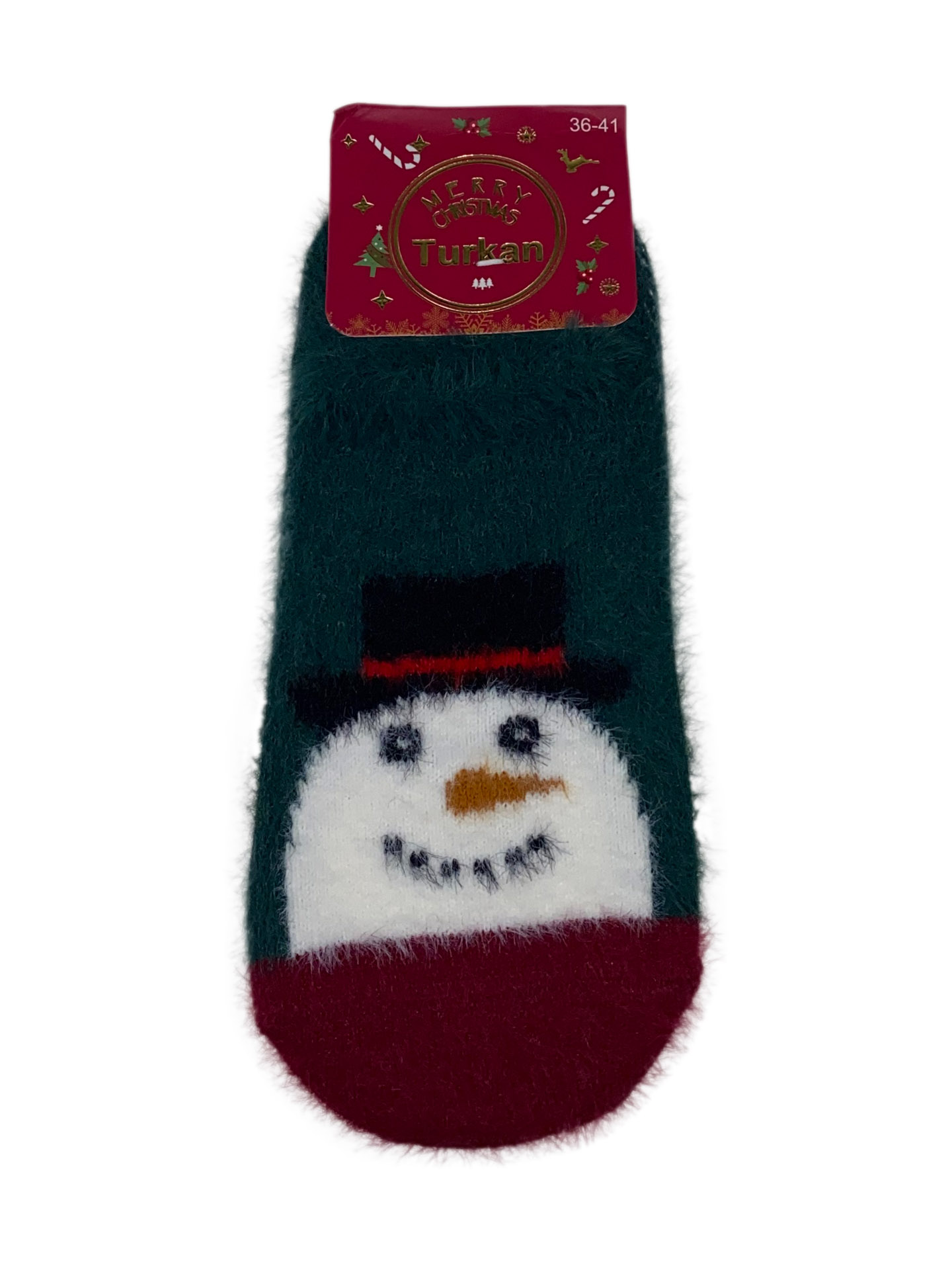 На фото 1 - Тёплые носки-следки из шерсти соболя с новогодним принтом, цвет тёмно-зелёный
