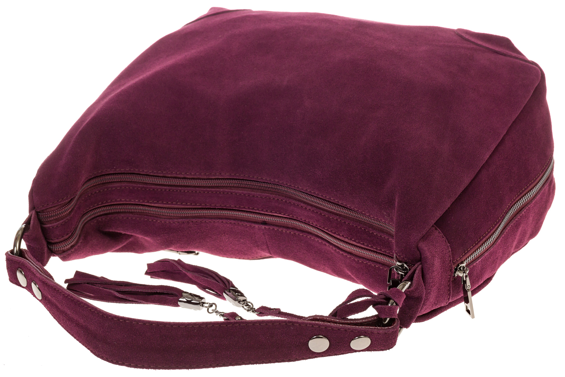 На фото 4 - Бордовая сумка хобо из натуральной замши для женщин
