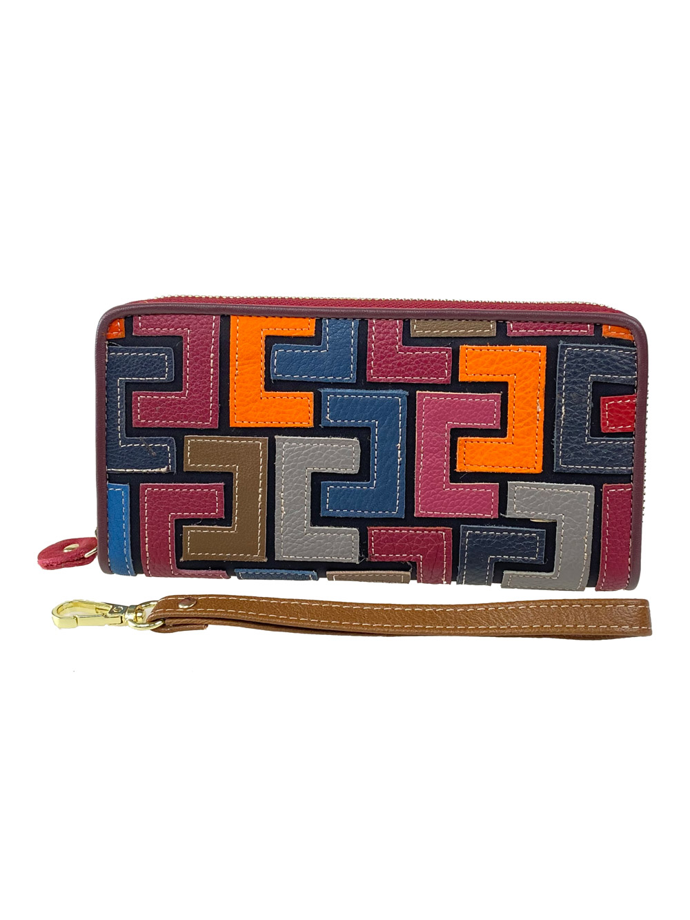 На фото 1 - Кожаный женский кошелёк-клатч с геометрическим орнаментом, мультицвет 