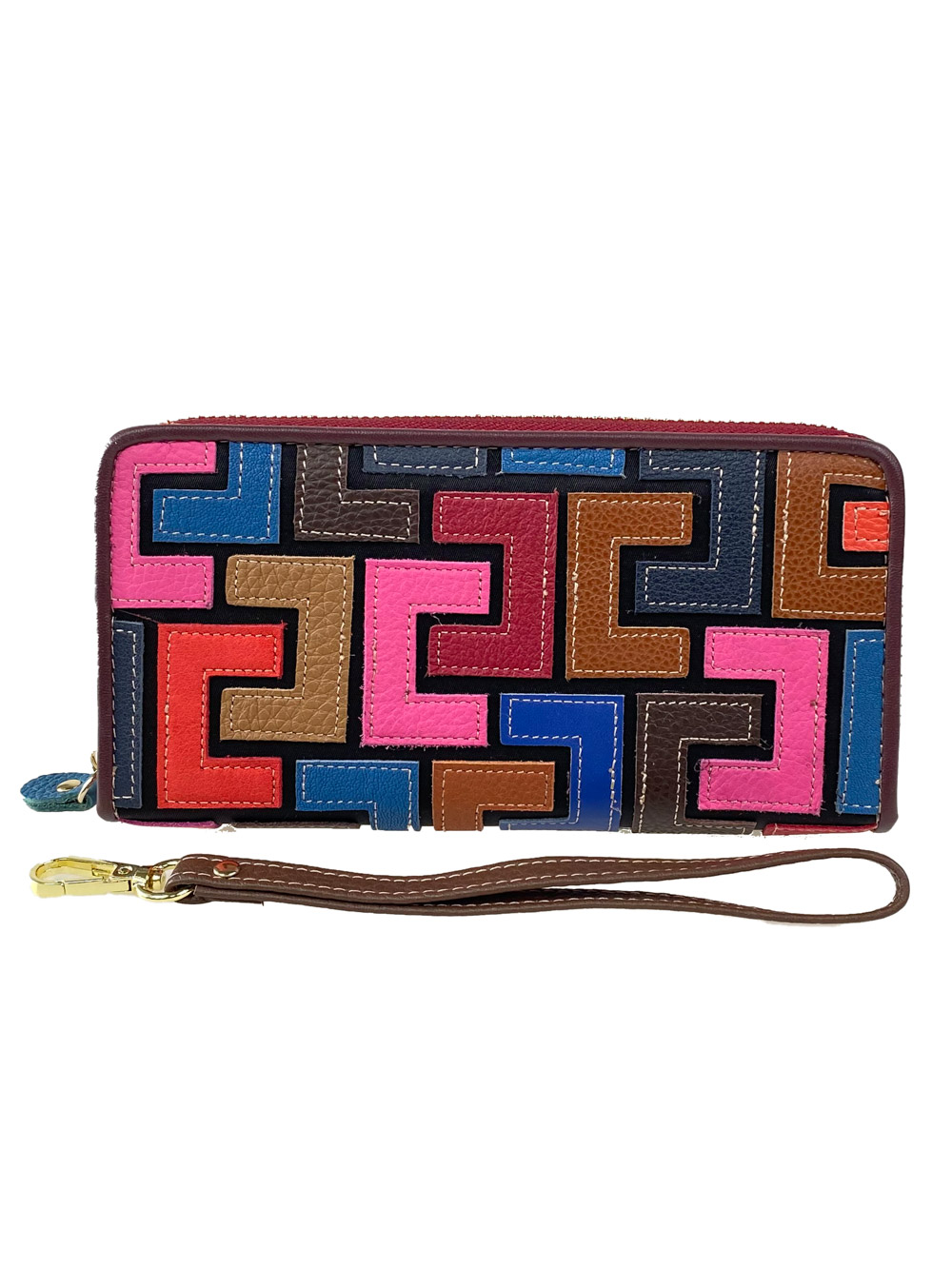 На фото 1 - Женский кожаный кошелёк-клатч с геометрическим орнаментом, мультицвет 