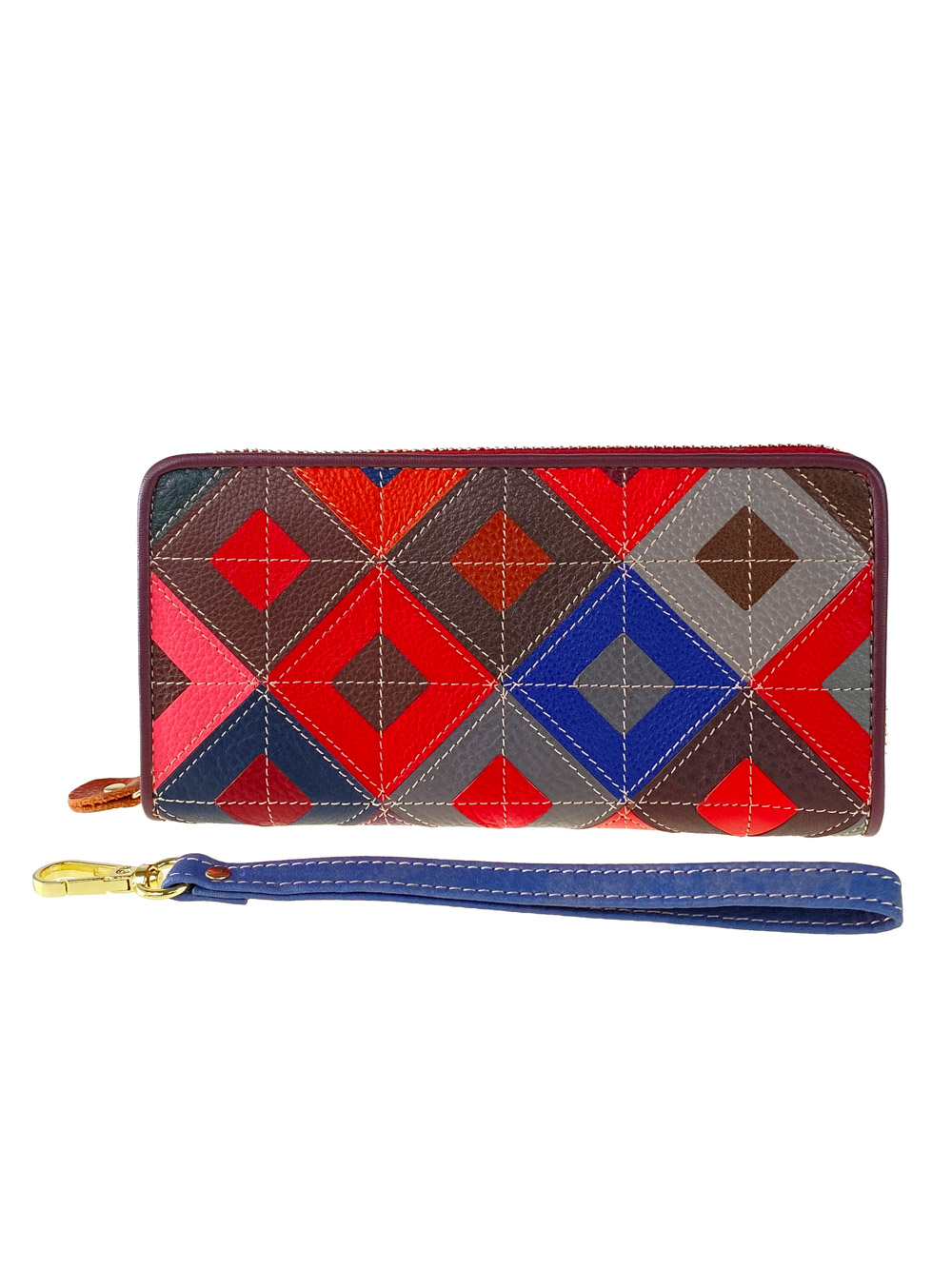 На фото 1 - Женский кошелёк-портмоне из натуральной кожи с орнаментом, разноцветный