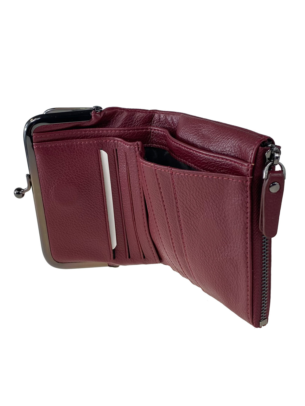 На фото 2 - Кожаный женский кошелёк с фермуаром, цвет бордовый