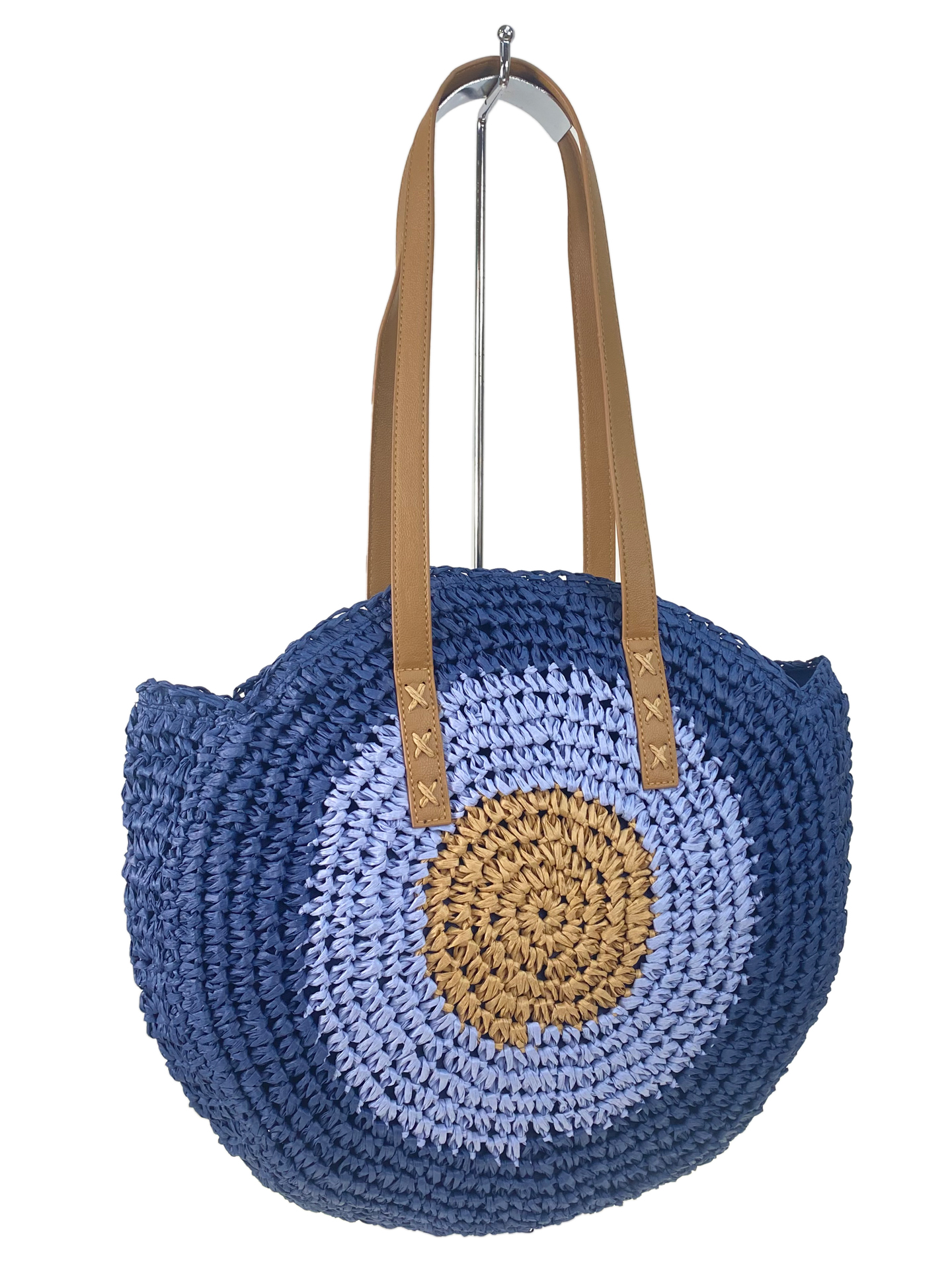 На фото 1 - Женская плетеная сумка из соломы, цвет синий