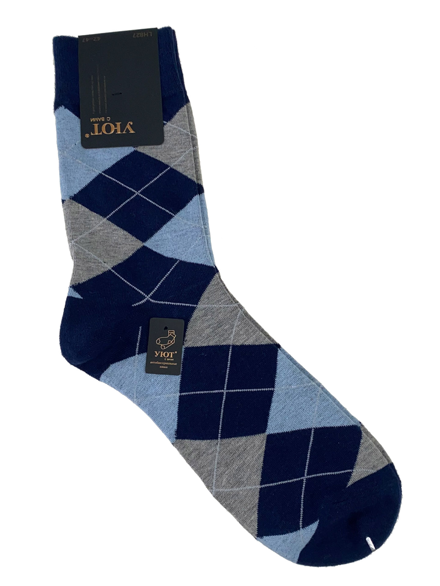 На фото 1 - Хлопковые мужские носки с геометрическим орнаментом, цвет синий с голубым и серым