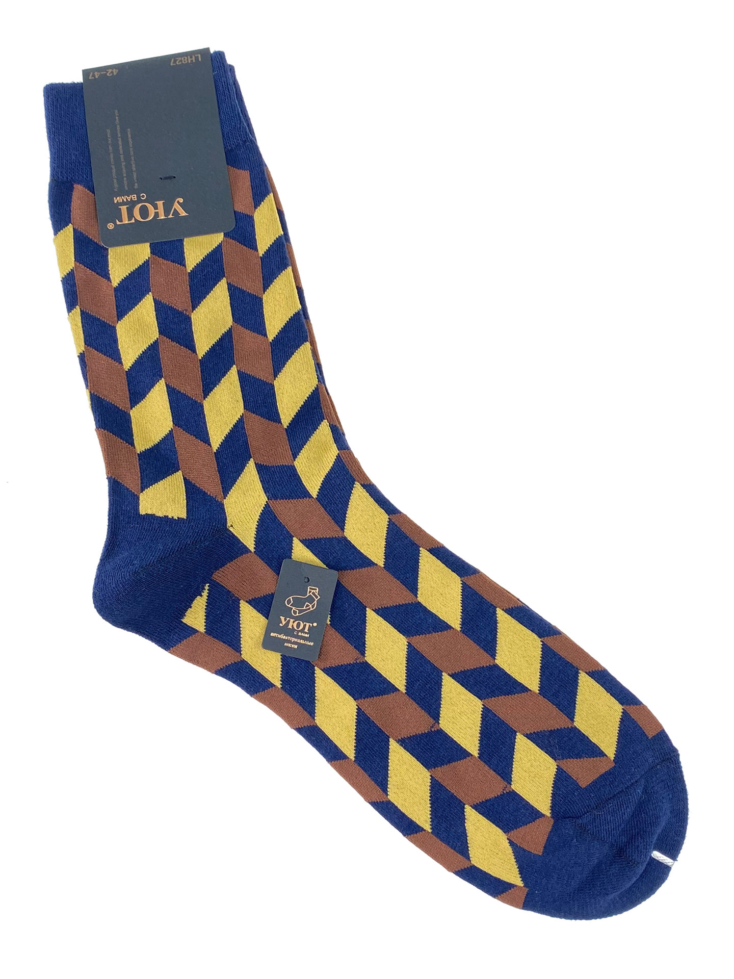 На фото 1 - Антибактериальные мужские носки с орнаментом, цвет синий с коричневым и жёлтым