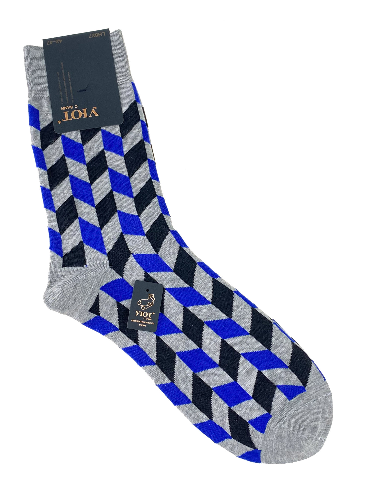На фото 1 - Антибактериальные мужские носки с орнаментом, цвет серый с синим и чёрным