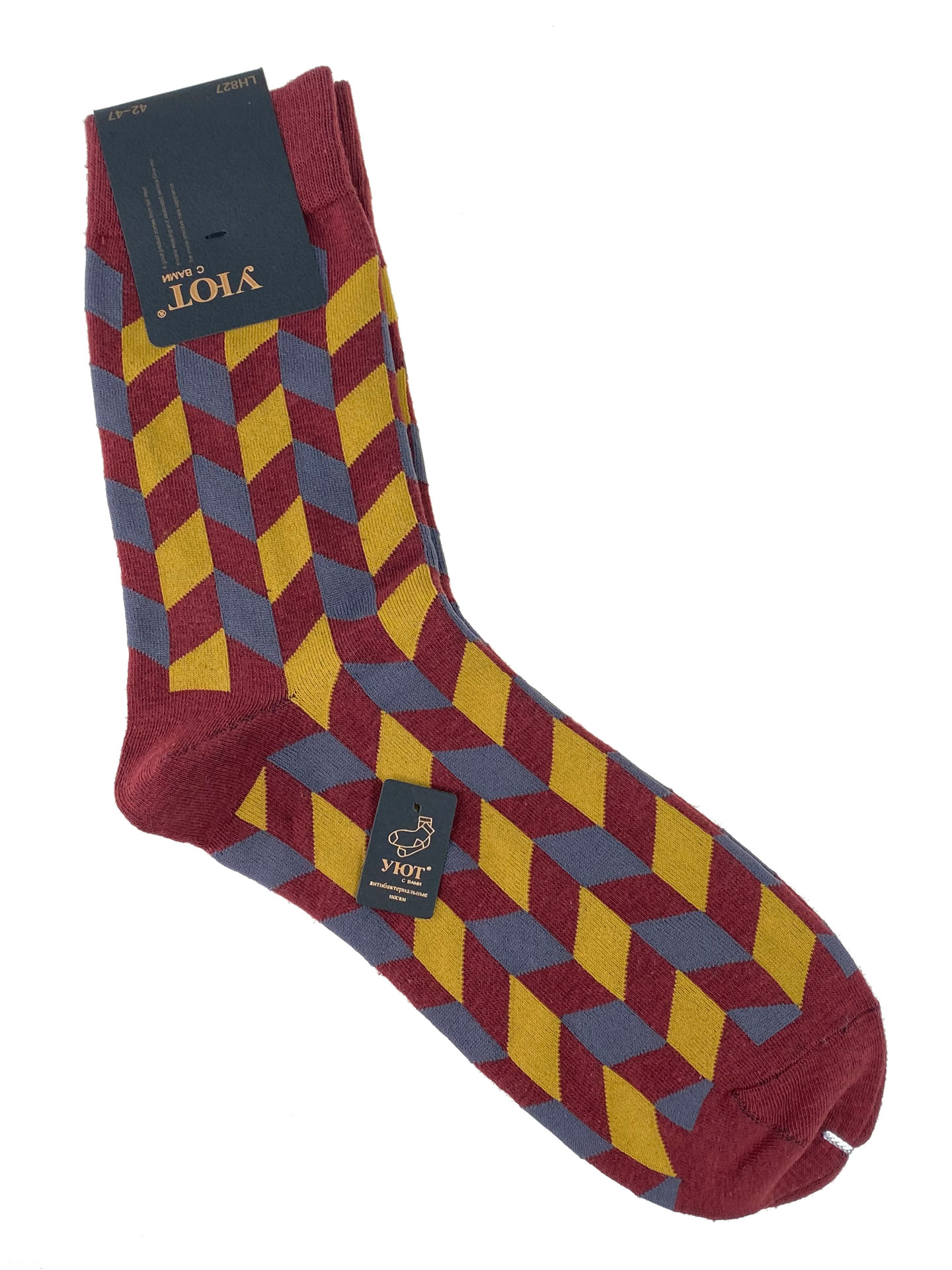 На фото 1 - Антибактериальные мужские носки с орнаментом, цвет бордовый с серым и жёлтым