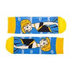 На фото 1 - Носки  с принтом из мультфильма, цвет голубой с жёлтым