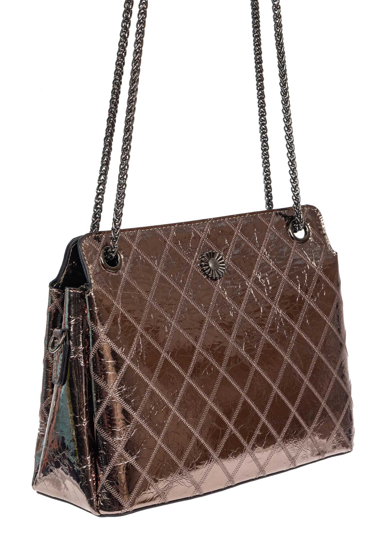 На фото 1 - Стёганая лаковая сумка из натуральной кожи, цвет тёмное серебро