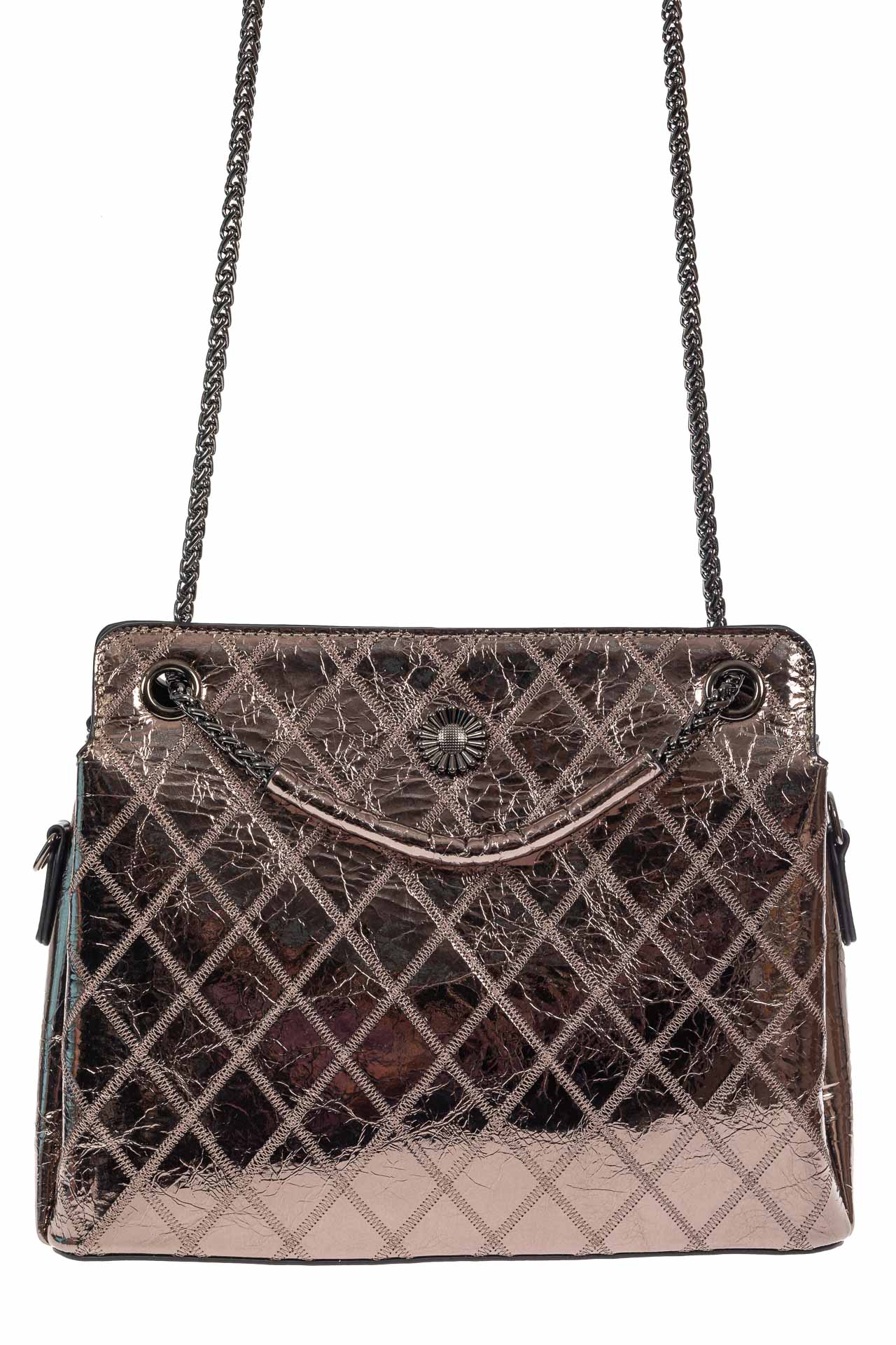 На фото 2 - Стёганая лаковая сумка из натуральной кожи, цвет тёмное серебро