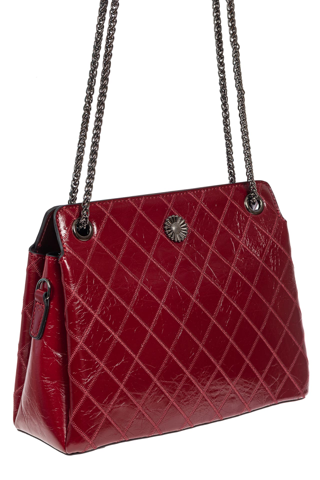 На фото 1 - Стёганая лаковая сумка из натуральной кожи, цвет бордовый