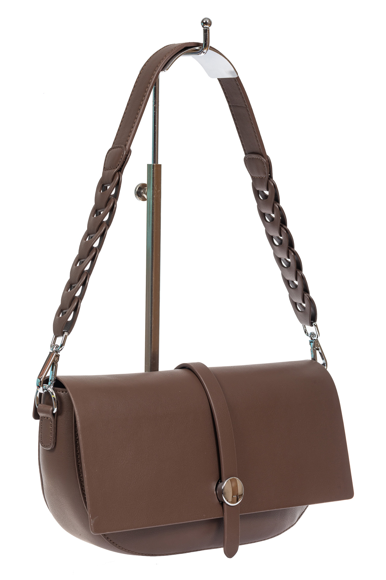На фото 1 - Кожаная сумка-седло с плетёной ручкой, цвет коричневый