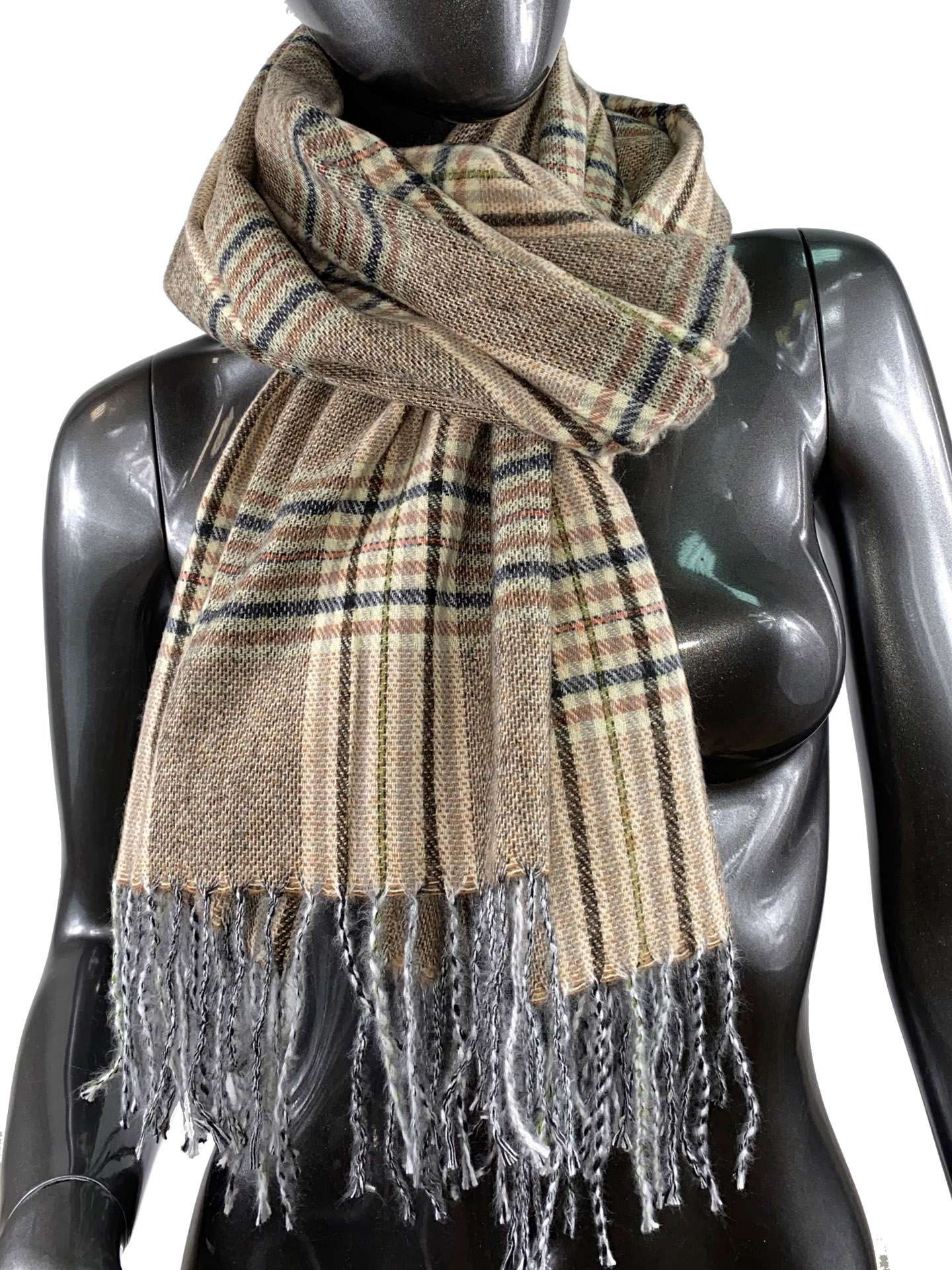 На фото 1 - Клетчатый шарф-палантин из вискозы и шерсти в коричневых оттенках