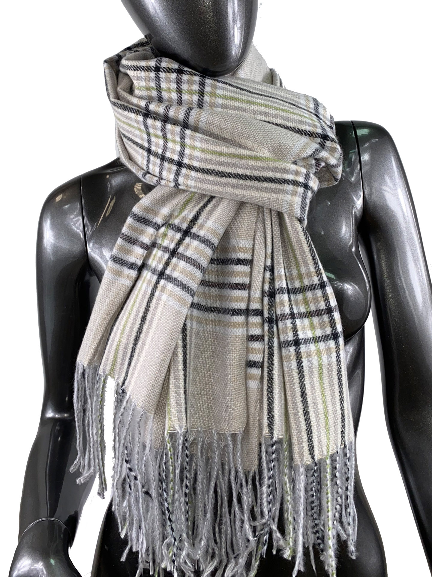 На фото 1 - Клетчатый шарф-палантин из вискозы и шерсти в серо-бежевых оттенках