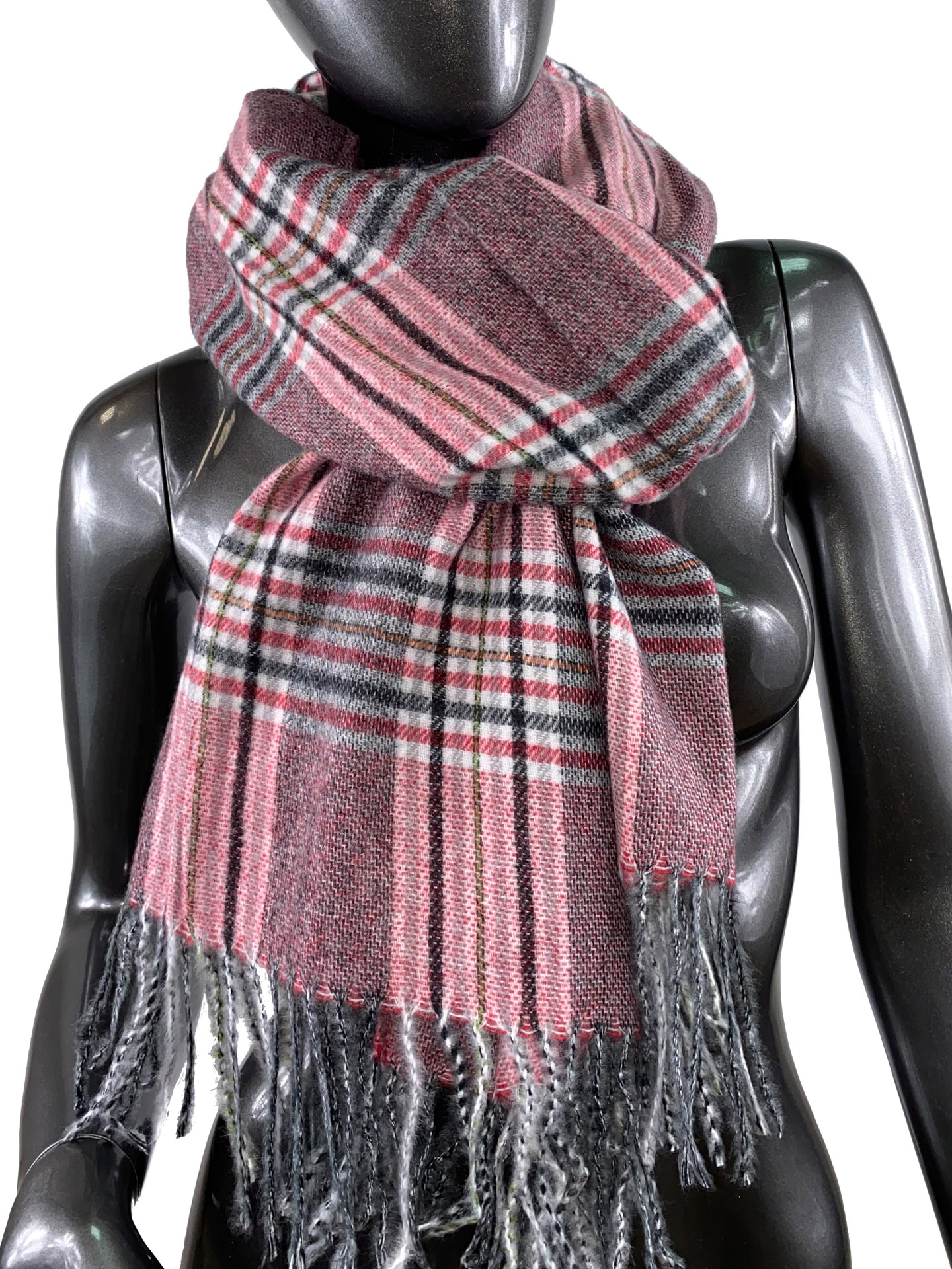 На фото 1 - Клетчатый шарф-палантин из вискозы и шерсти в серых и малиновых оттенках