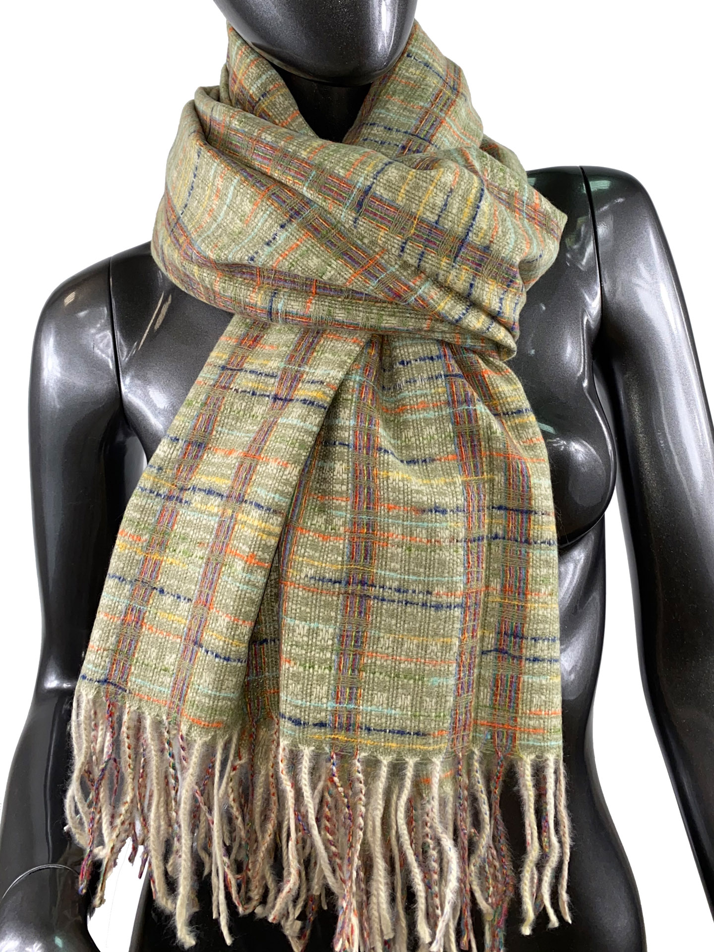 На фото 1 - Клетчатый шарф-палантин из вискозы и шерсти, цвет ореховый с разноцветными нитями