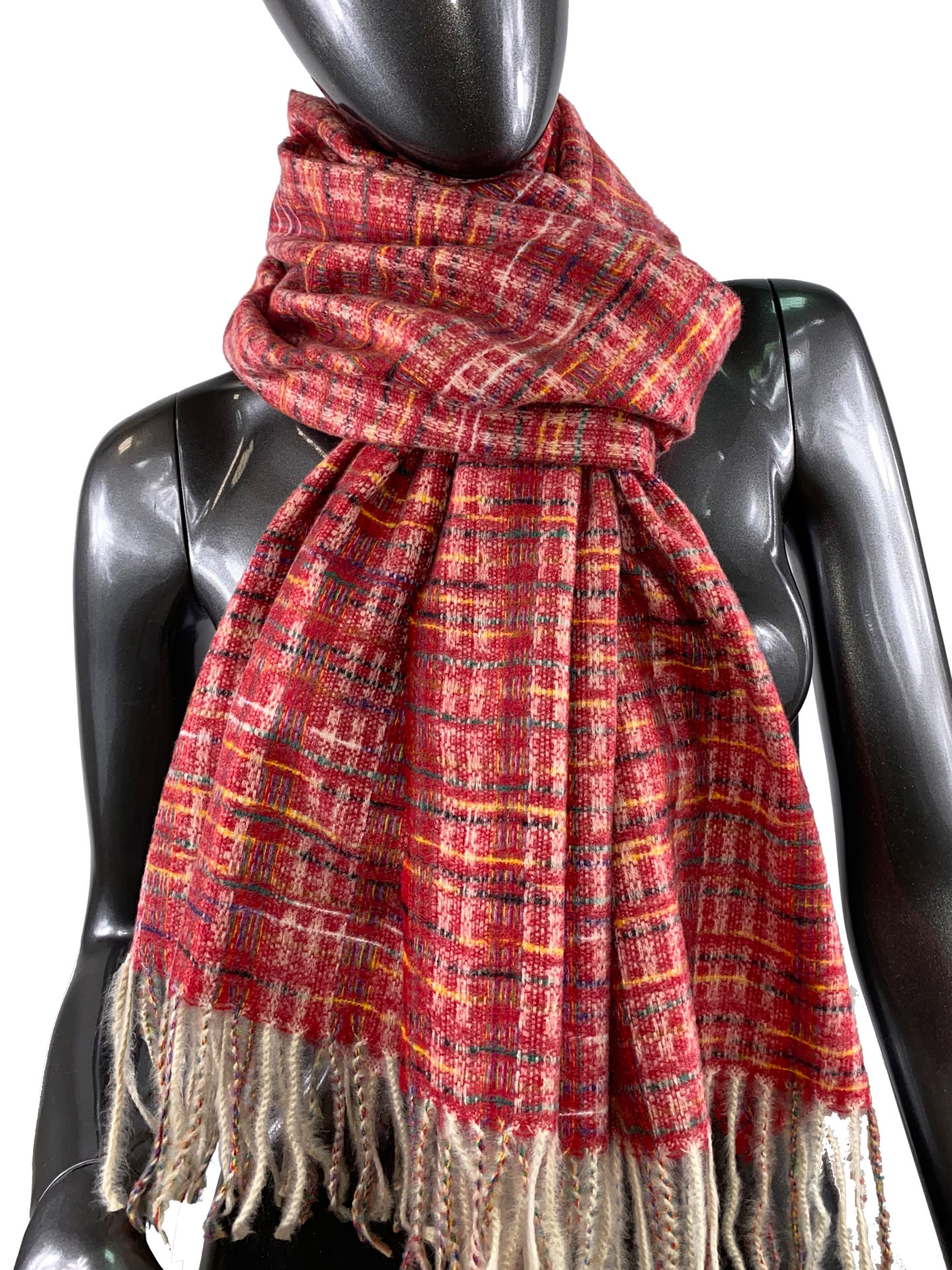 На фото 1 - Клетчатый шарф-палантин из вискозы и шерсти, цвет рубиновый с разноцветными нитями