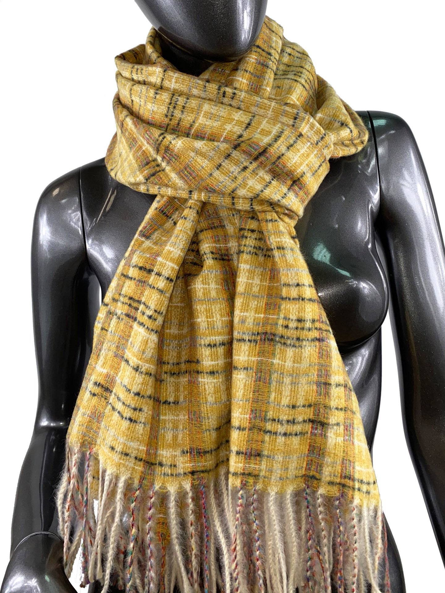 На фото 1 - Клетчатый шарф-палантин из вискозы и шерсти, цвет жёлтый с разноцветными нитями
