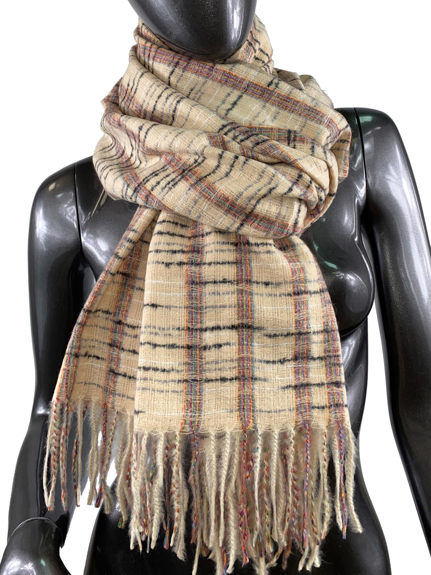 На фото 1 - Клетчатый шарф-палантин из вискозы и шерсти, цвет телесный с разноцветными нитями