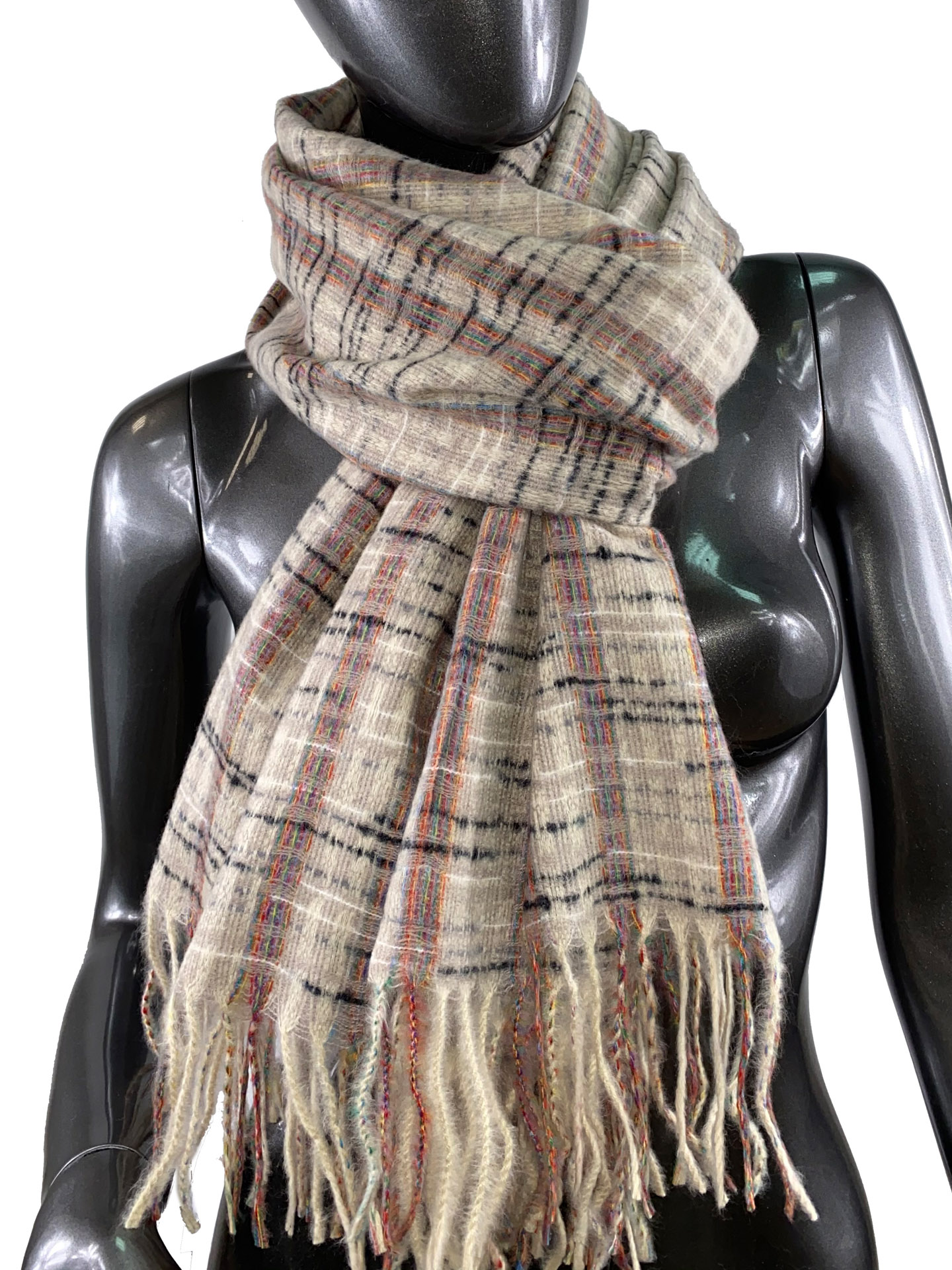 На фото 1 - Клетчатый шарф-палантин из вискозы и шерсти, цвет светло-серый с разноцветными нитями