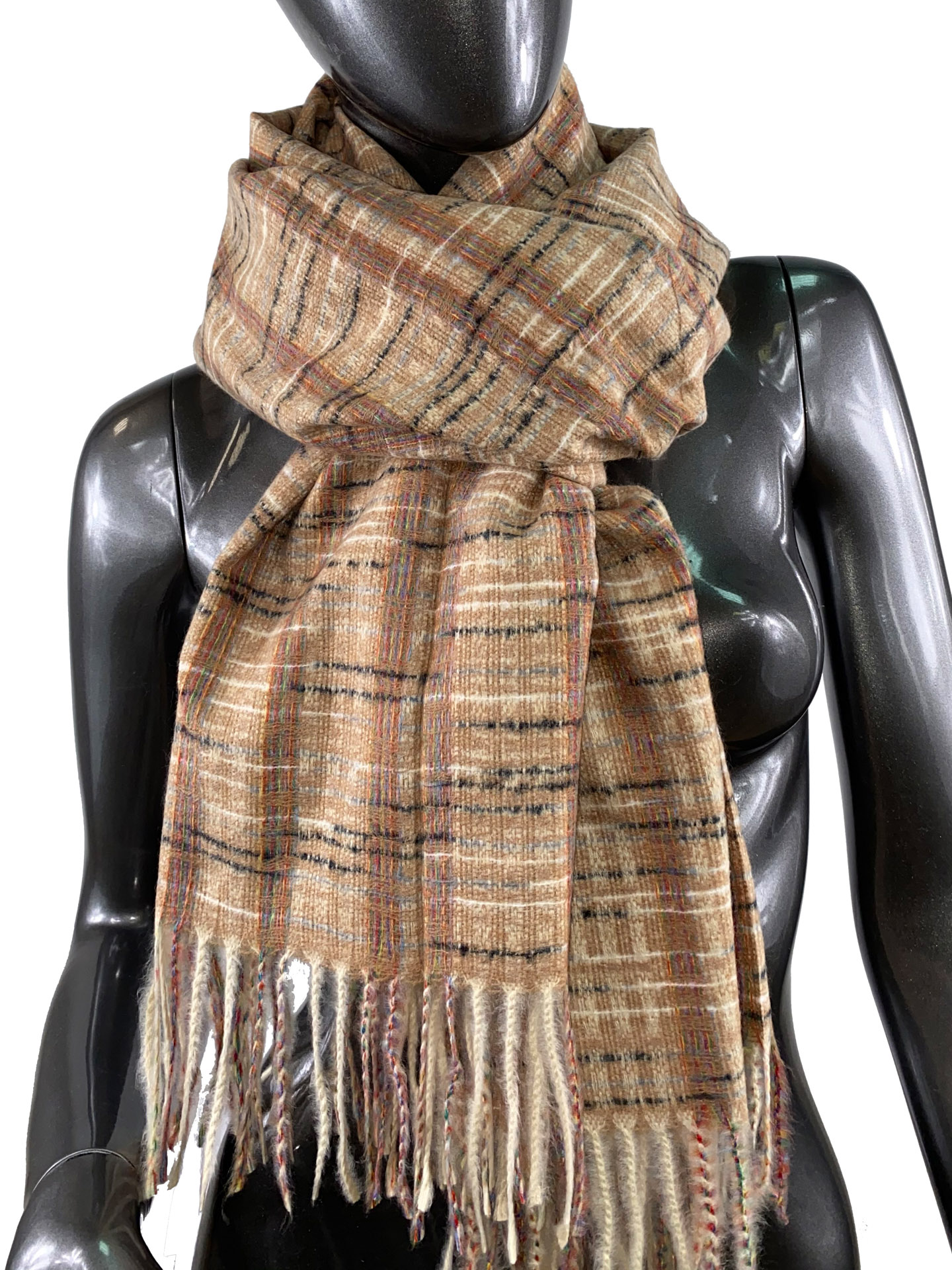 На фото 1 - Клетчатый шарф-палантин из вискозы и шерсти, цвет охра с разноцветными нитями