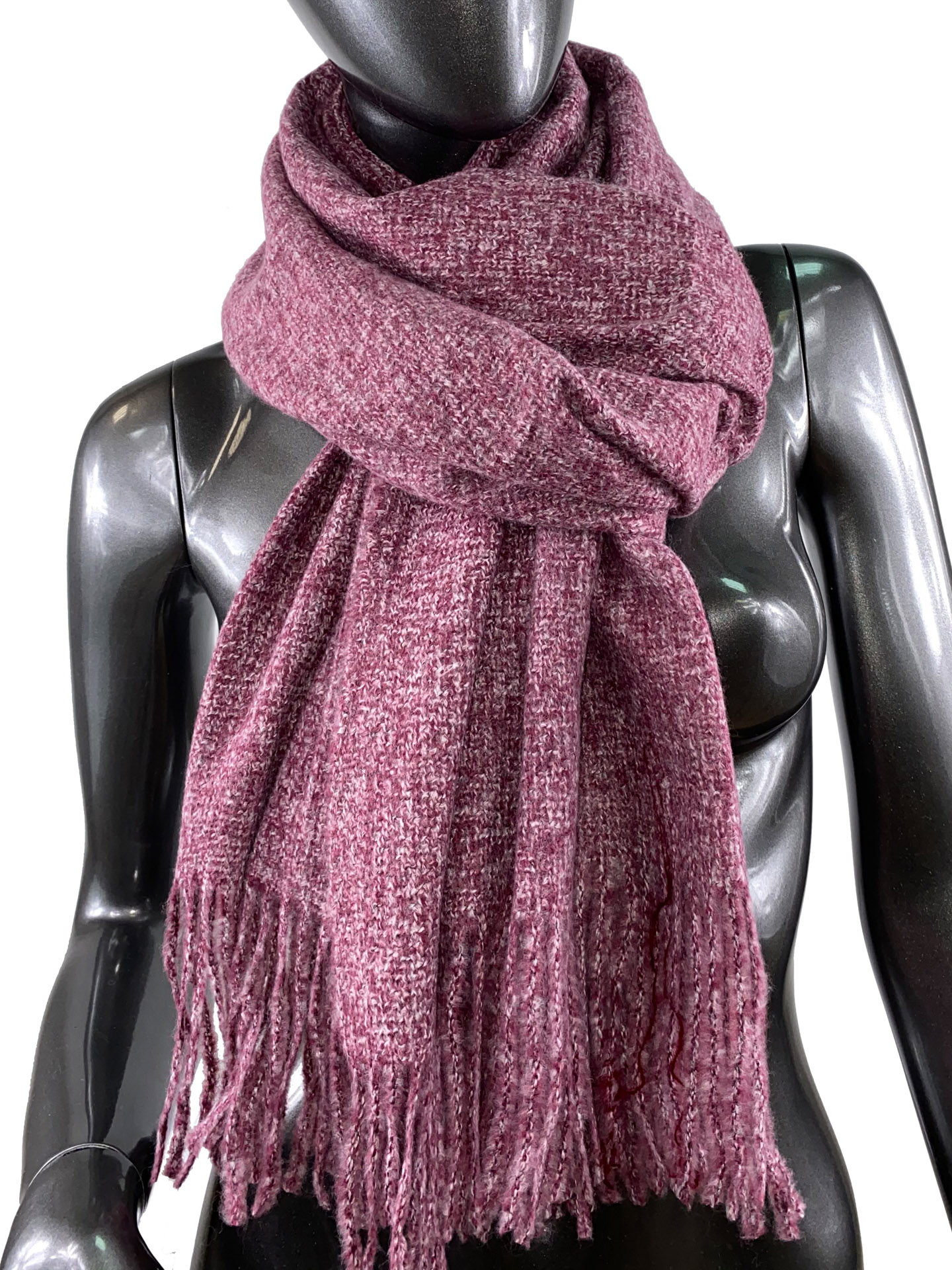 На фото 1 - Тёплый платок-палантин из шерсти и вискозы, цвет бордовый с розовым
