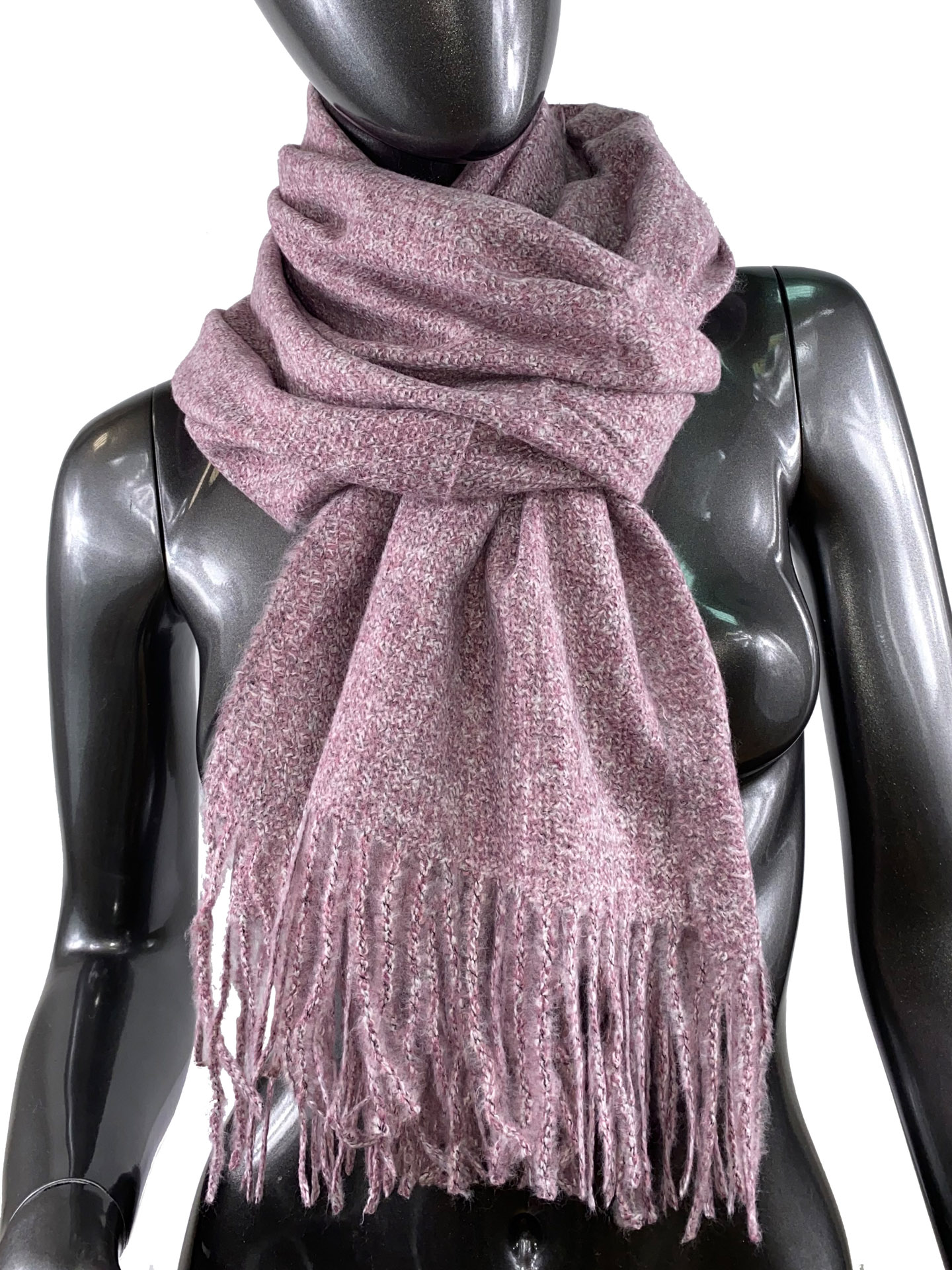 На фото 1 - Тёплый платок-палантин из шерсти и вискозы, цвет розового дерева с белым