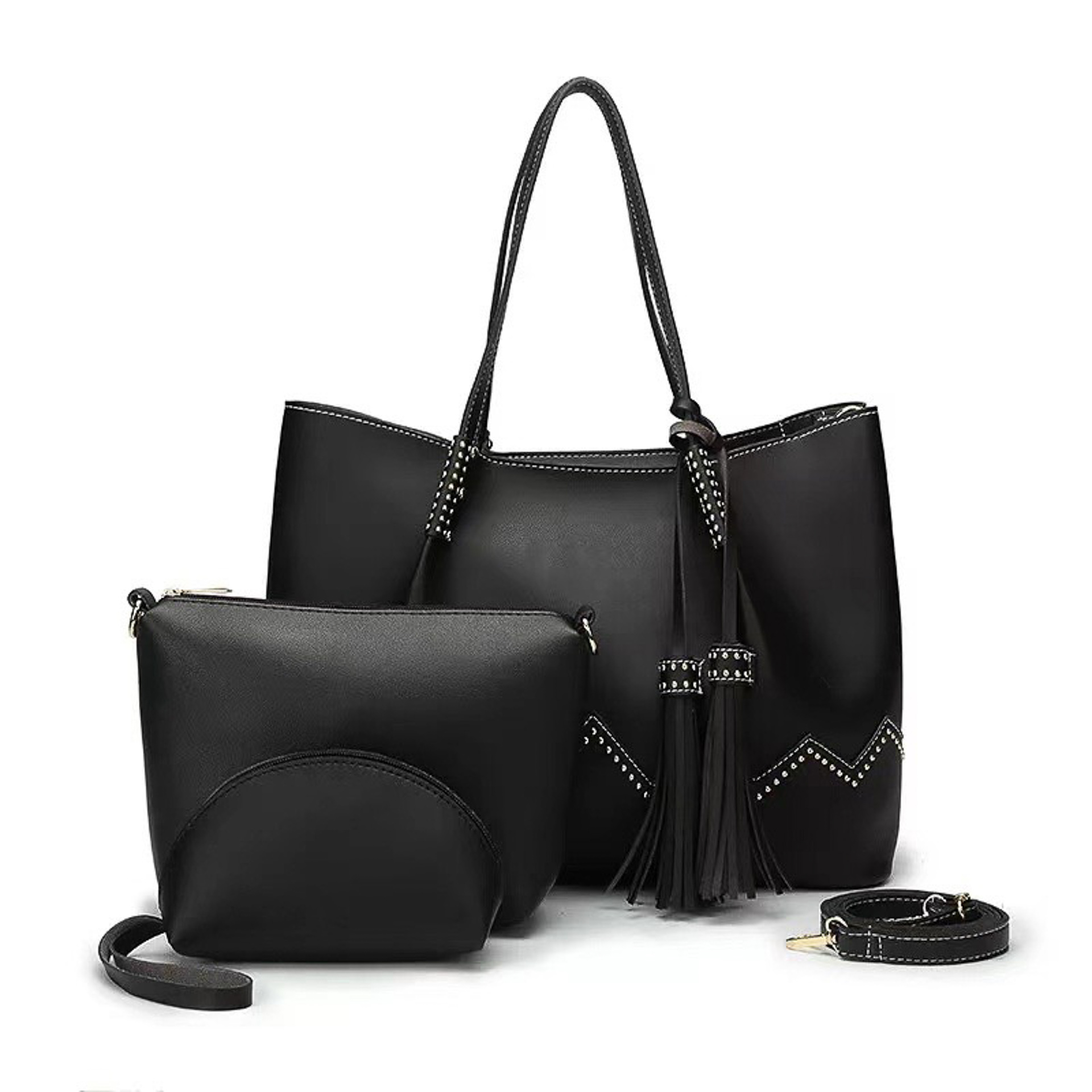 На фото 1 - Чёрная женская сумка-матрёшка с двумя косметичками