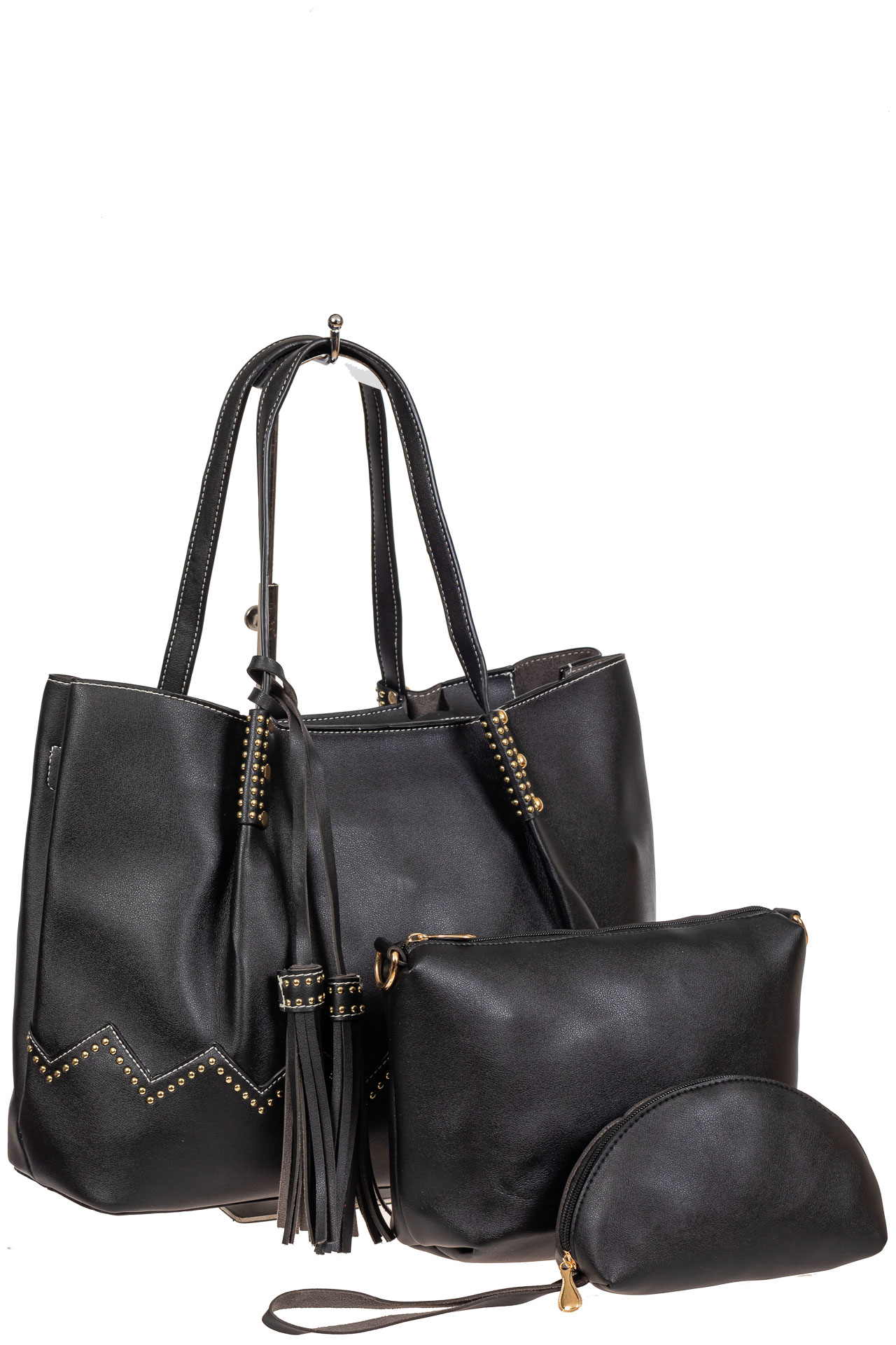 На фото 2 - Чёрная женская сумка-матрёшка с двумя косметичками