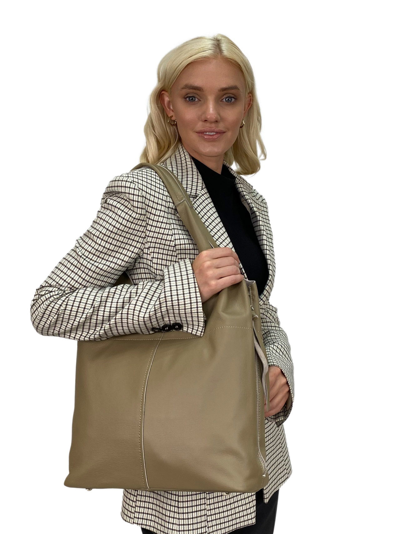 На фото 1 - Женская сумка шоппер из натуральной кожи, цвет бежево-коричневый