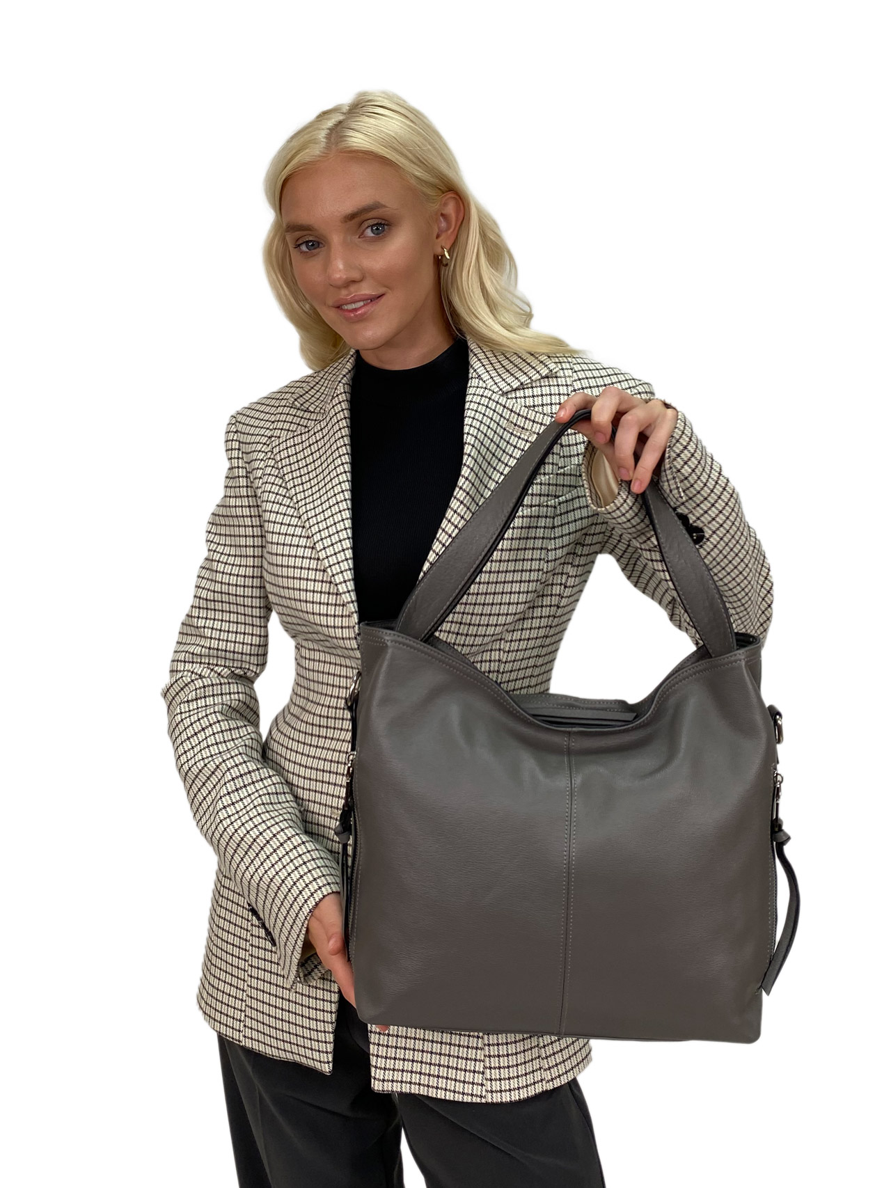 На фото 1 - Женская сумка из натуральной кожи, цвет серый 