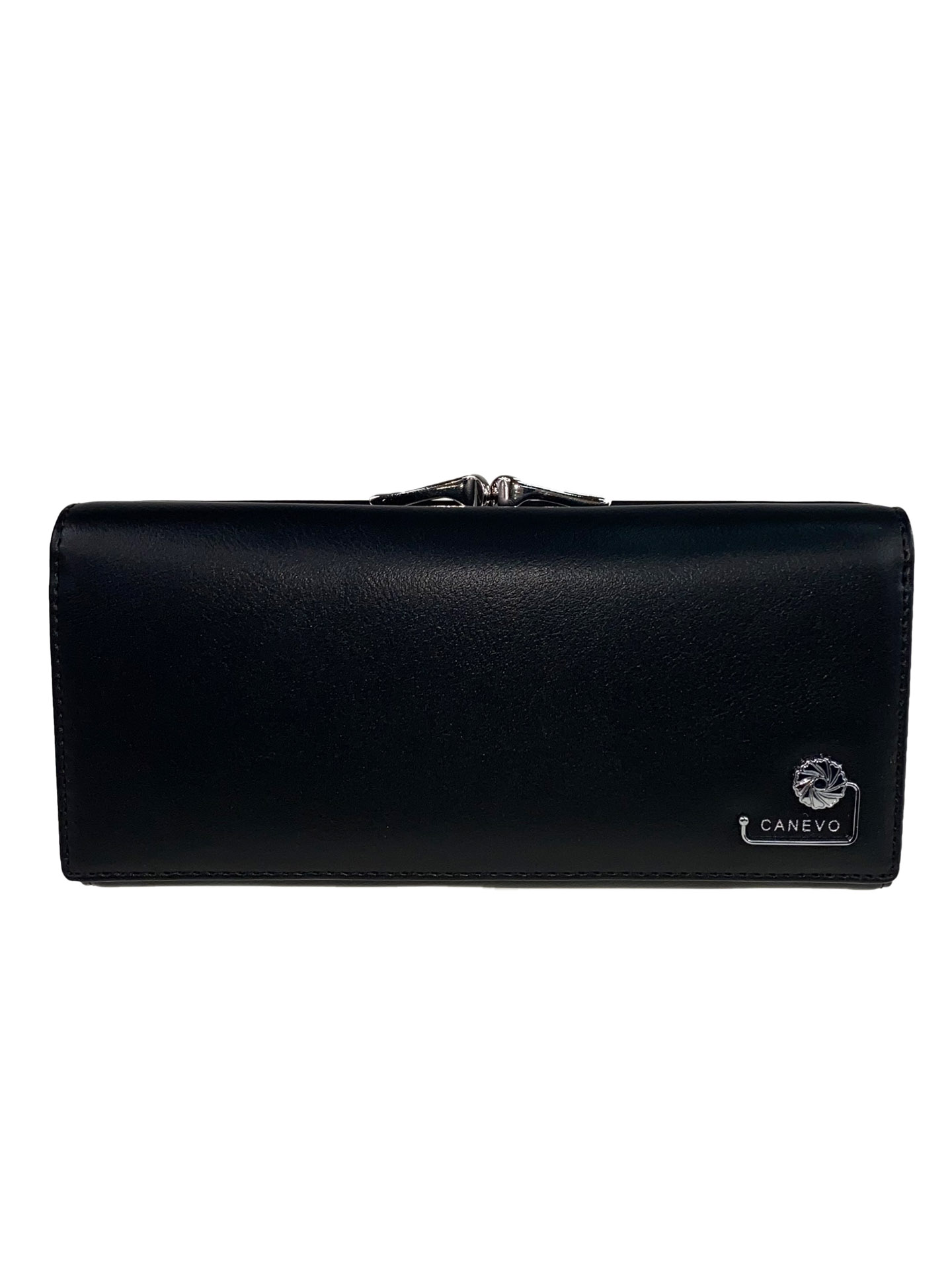На фото 1 - Женский кошелёк-портмоне из искусственной кожи с металлическим декором, цвет чёрный