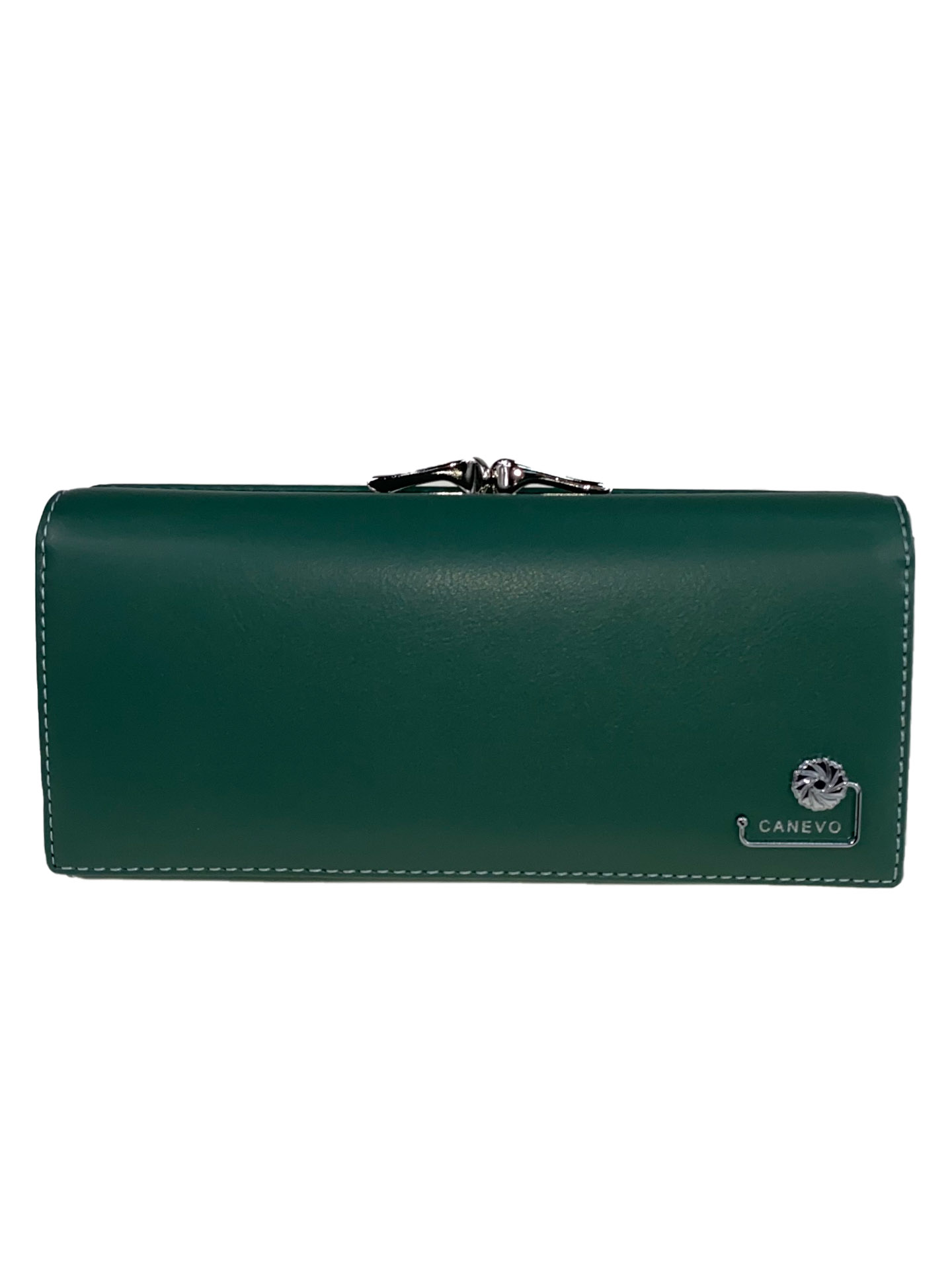 На фото 1 - Женский кошелёк-портмоне из искусственной кожи с металлическим декором, цвет зелёный