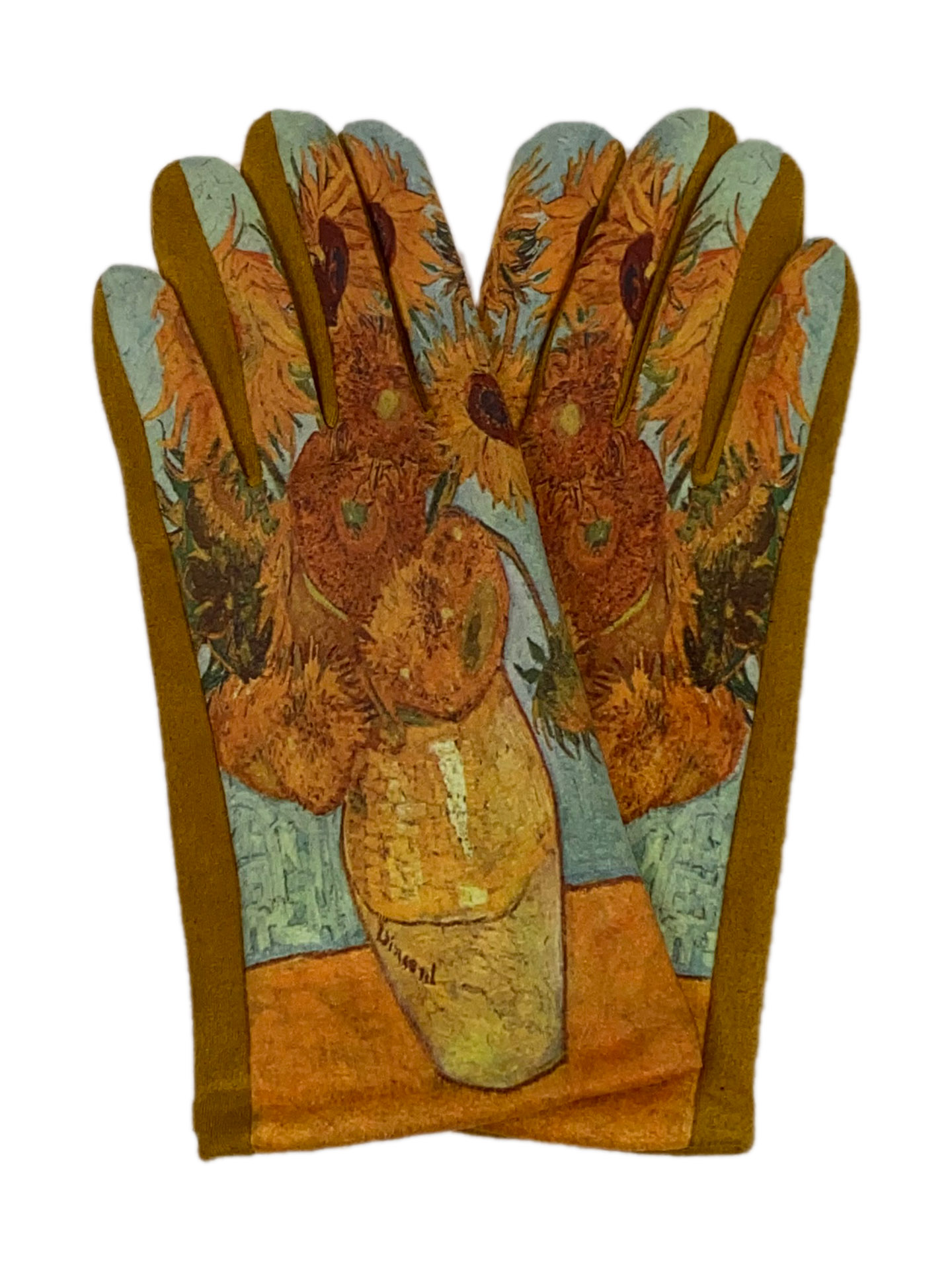 На фото 1 - Женские перчатки из велюра с принтом "Подсолнухи"