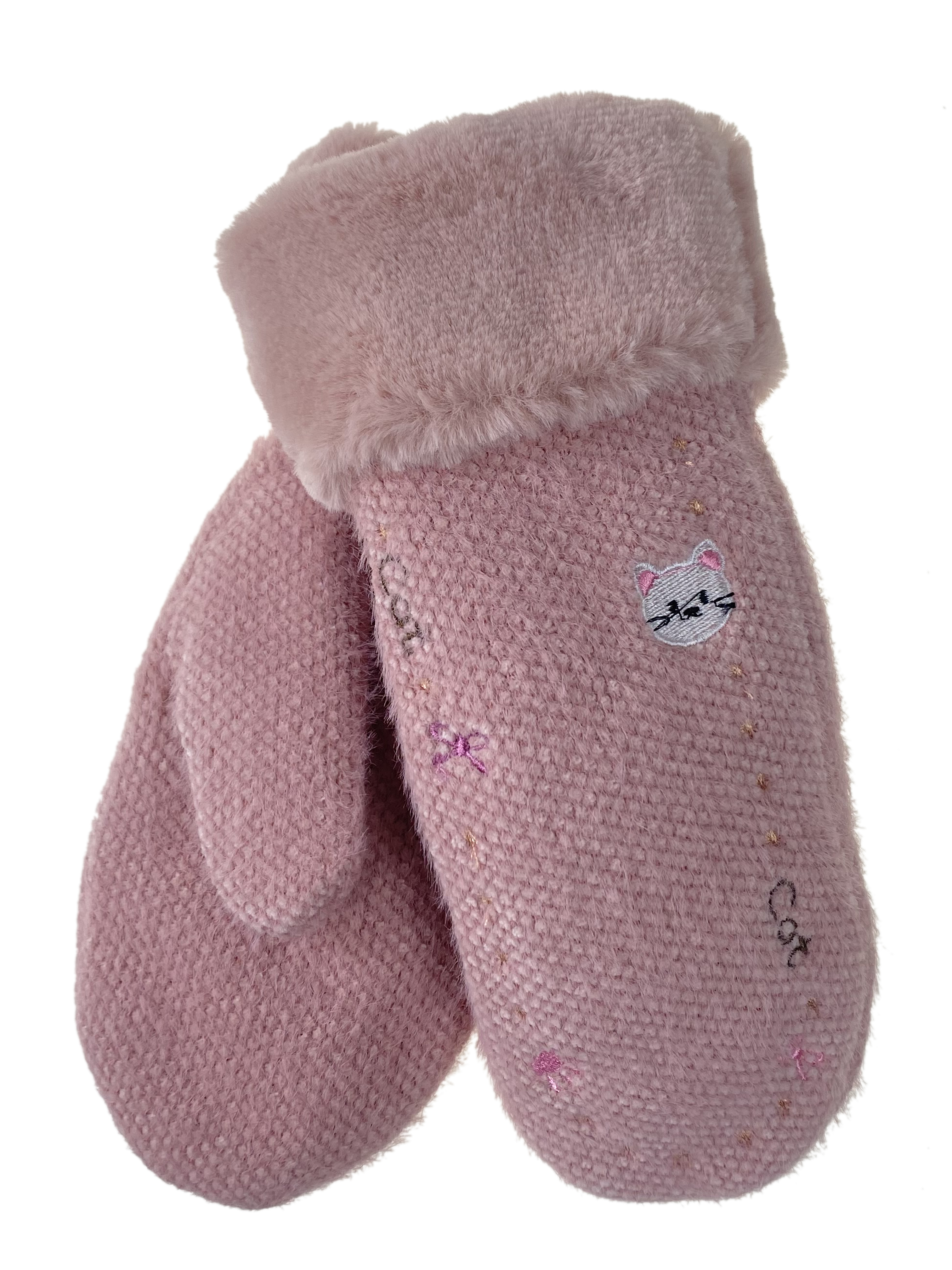 На фото 1 -  Зимние женские варежки из шерсти и искусственного меха, цвет нежно розовый