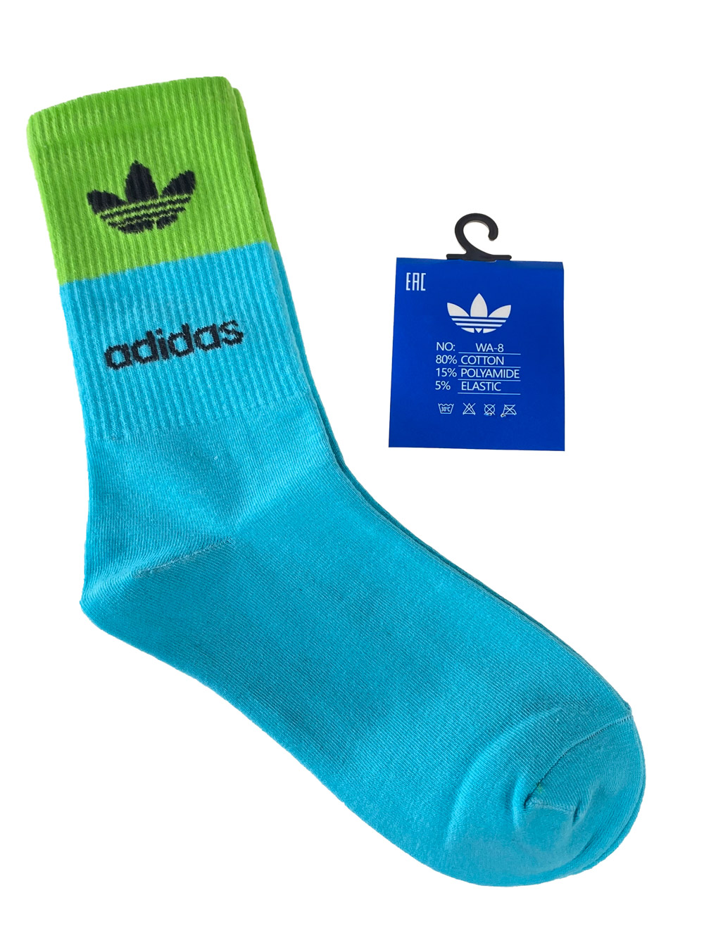 На фото 1 - Спортивные женские носки с высокой резинкой, цвет голубой с салатовым
