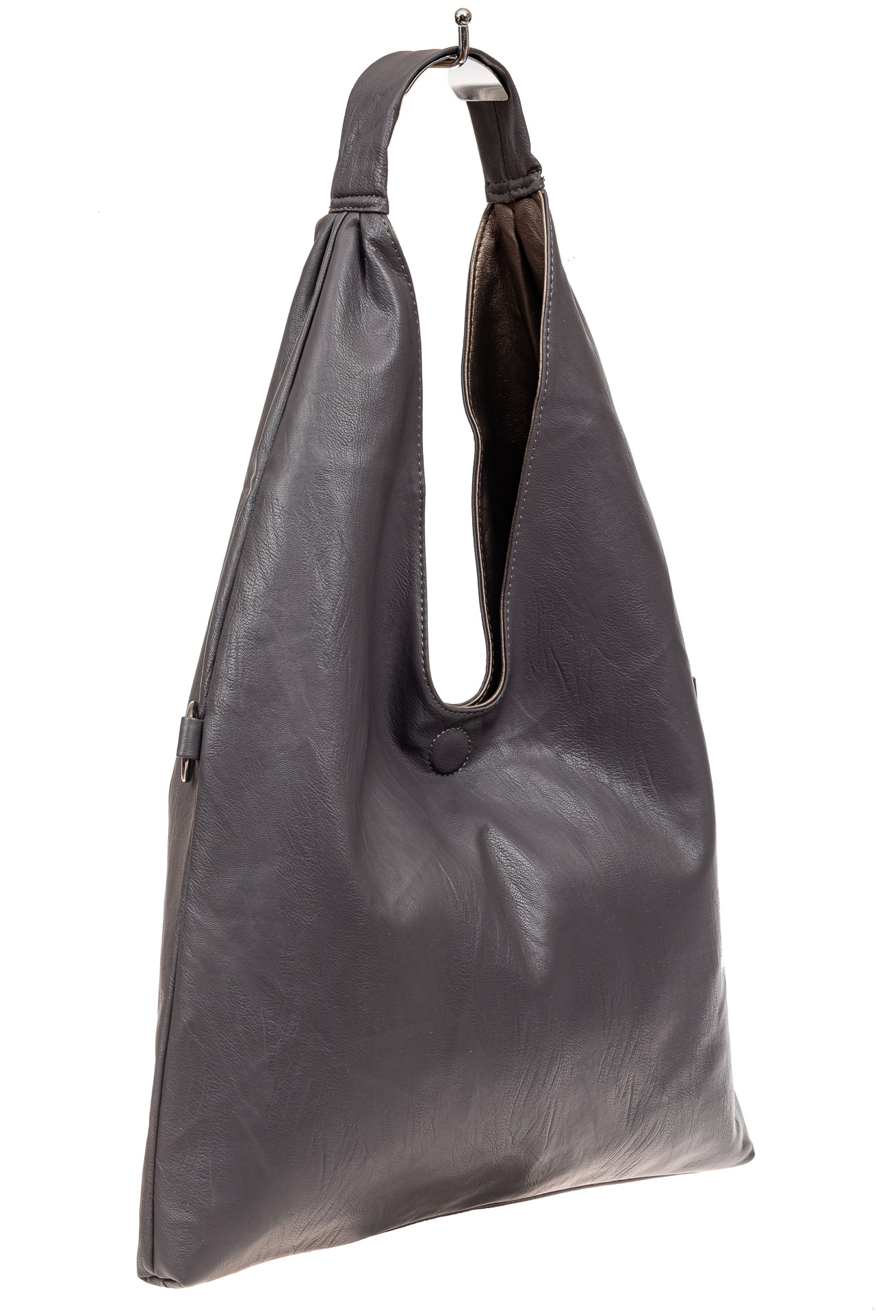 На фото 1 - Двухсторонняя женская сумка из искусственной кожи, цвет серый-бронза