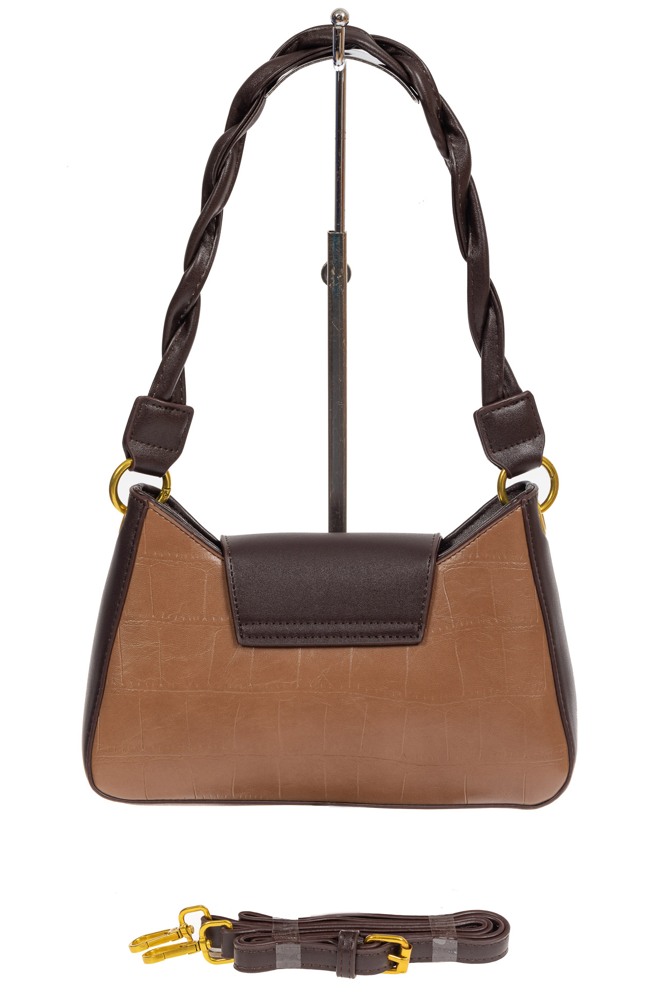 На фото 3 - Женская сумка-седло с плетёной ручкой, цвет светло-коричневый