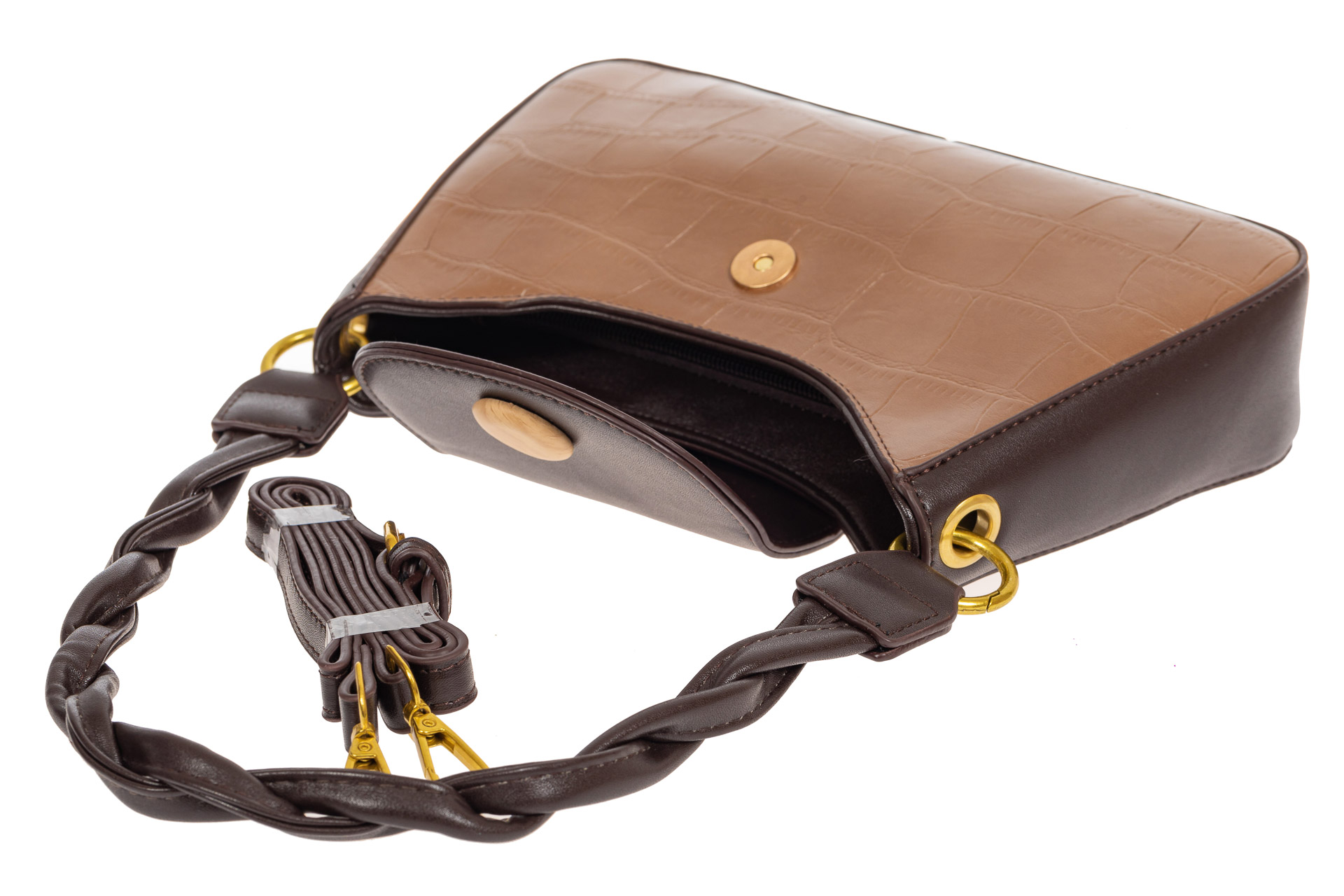 На фото 4 - Женская сумка-седло с плетёной ручкой, цвет светло-коричневый