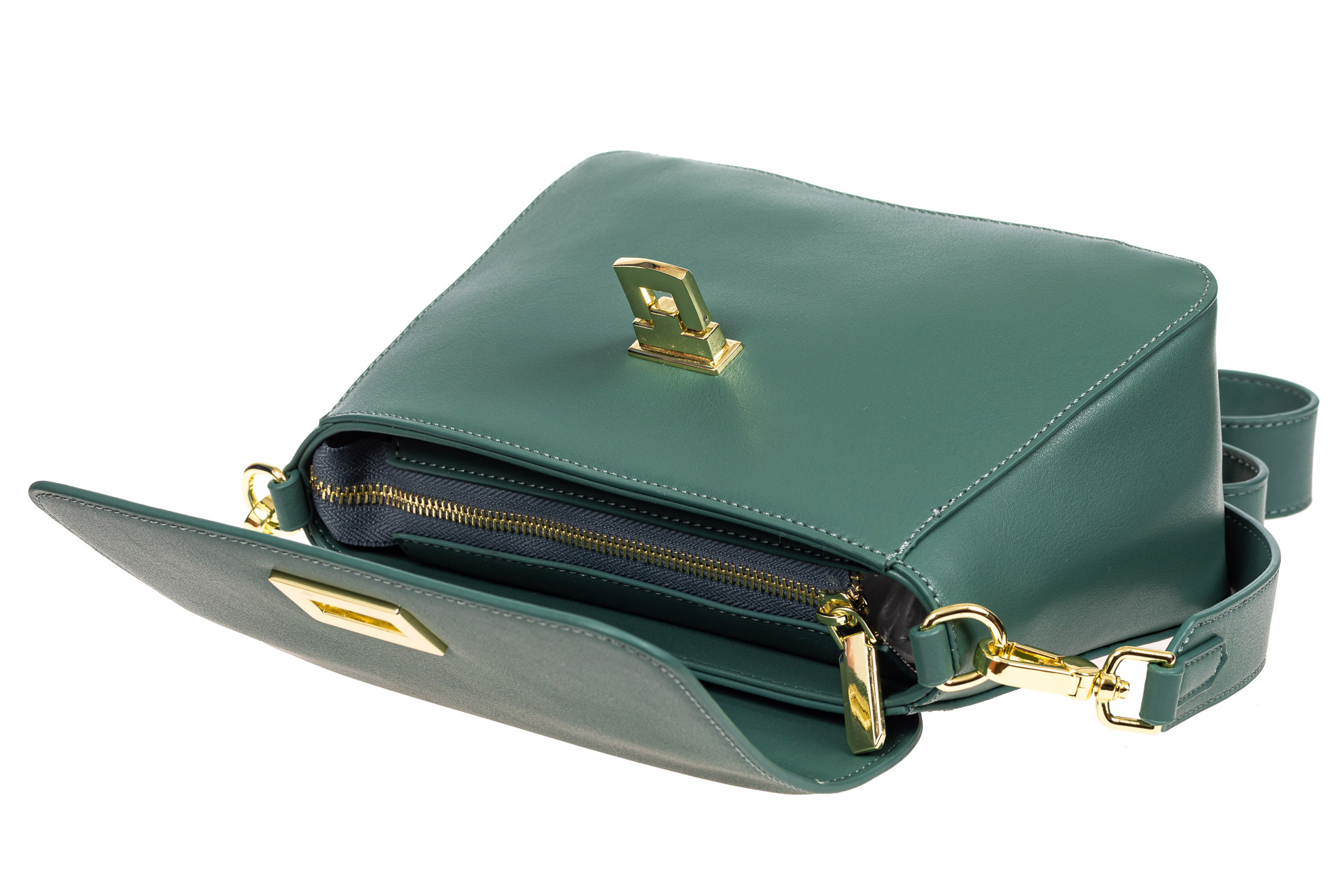 На фото 4 - Кожаная сумка трапеция с акцентным замком, цвет зеленый