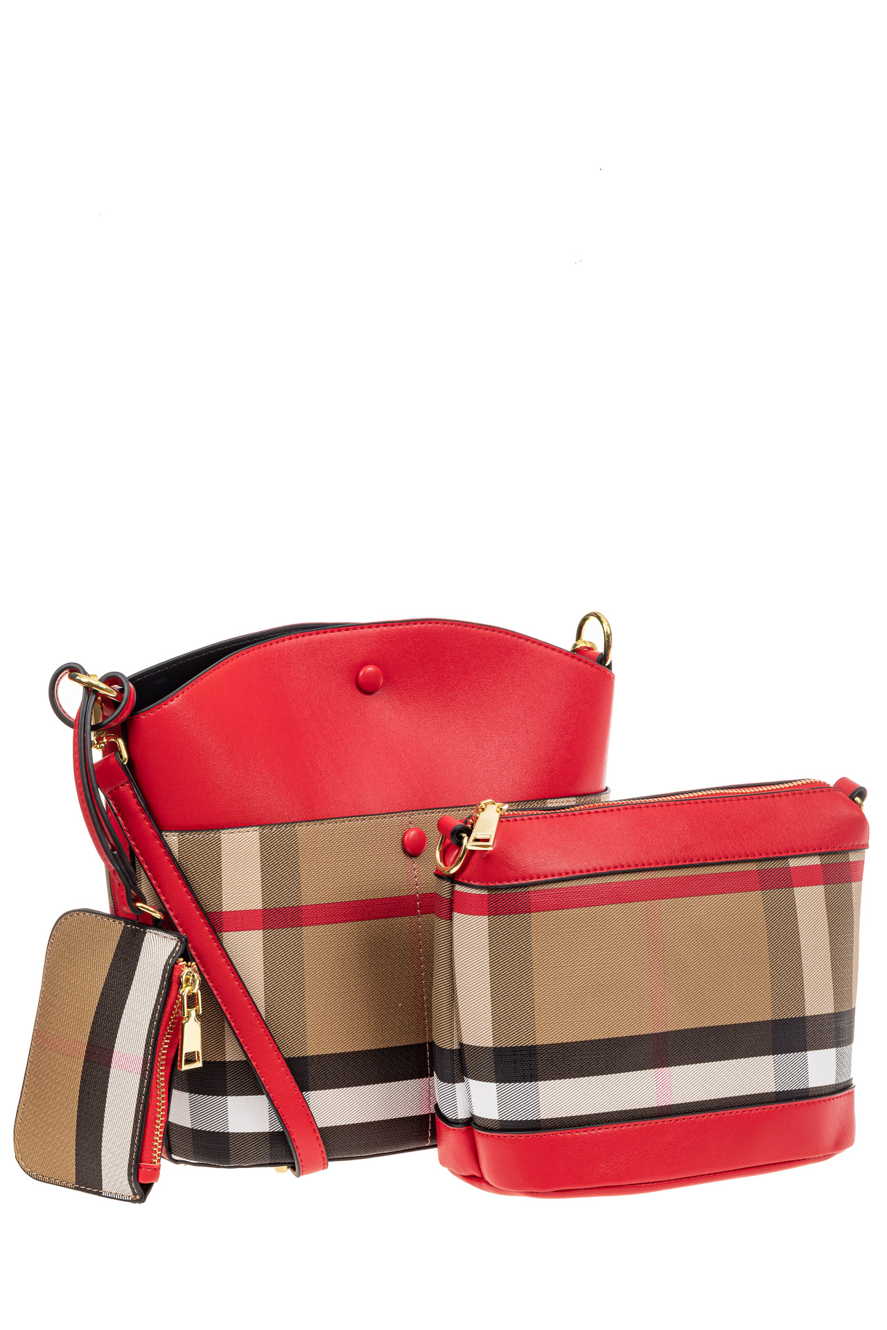 На фото 1 - Комплект сумок из кожзама, бежевая с красным, клетка