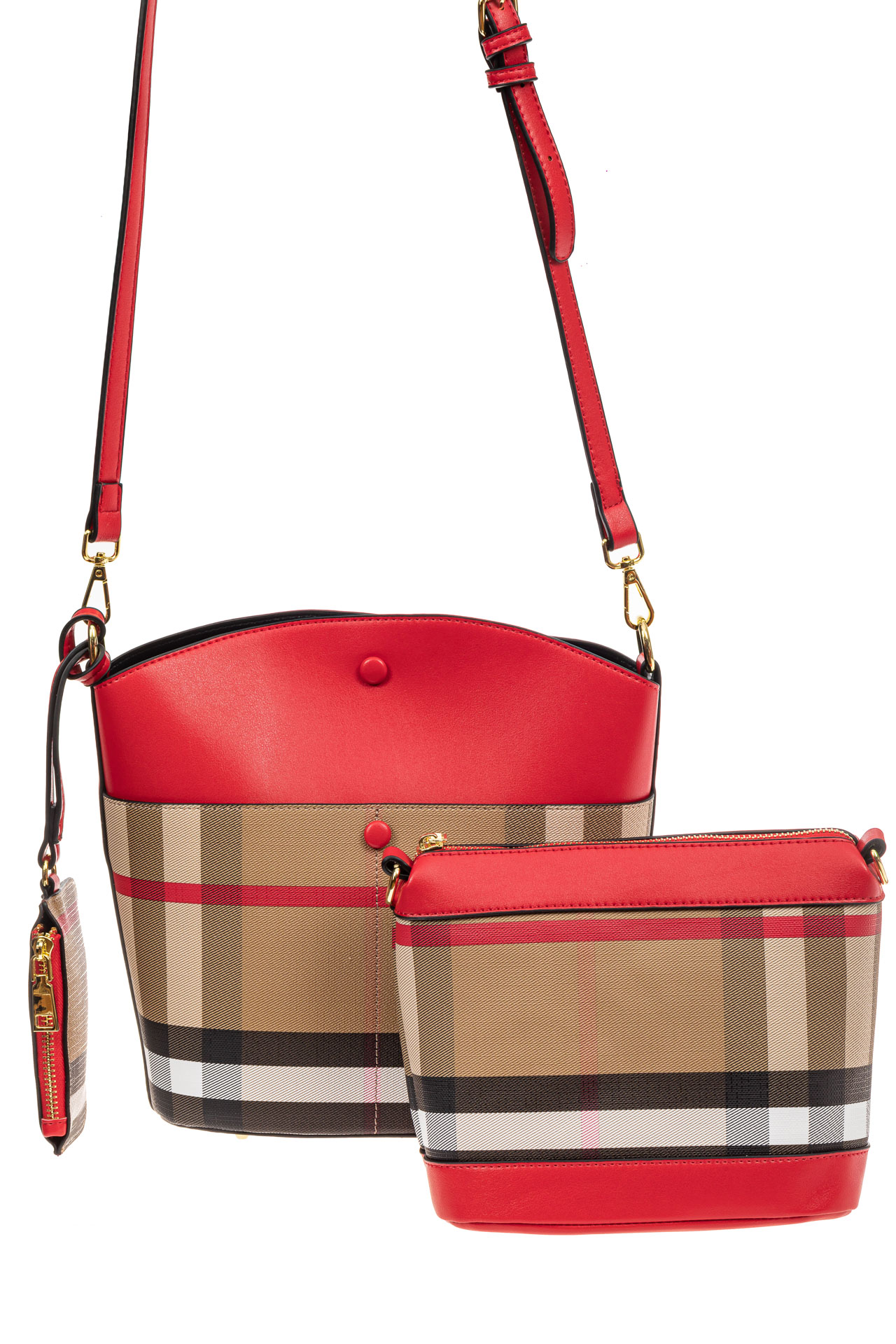 На фото 2 - Комплект сумок из кожзама, бежевая с красным, клетка