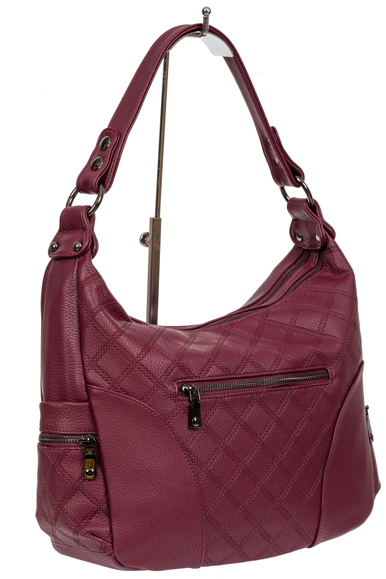 На фото 1 - Женская стёганая сумка хобо из искусственной кожи, цвет бордовый