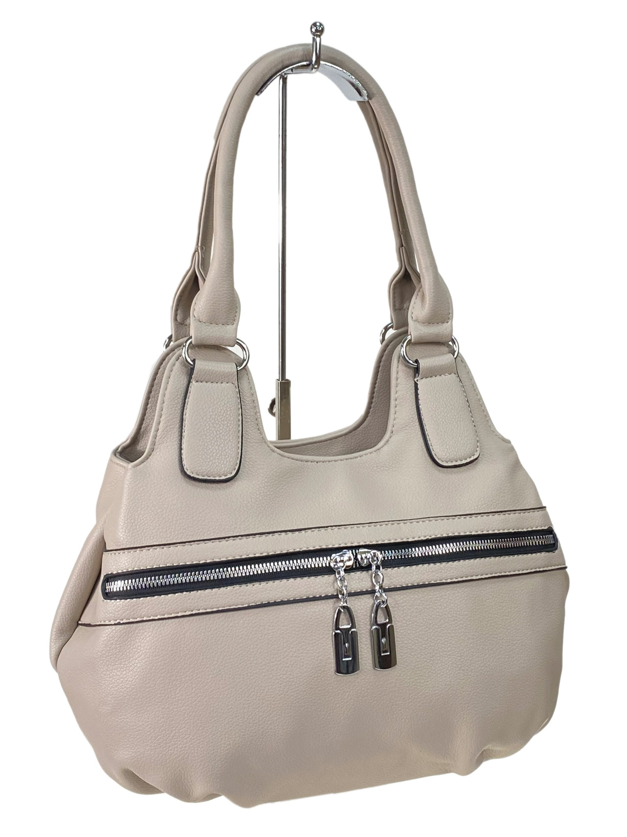 На фото 1 - Женская сумка из искусственной кожи, цвет бежево-серый