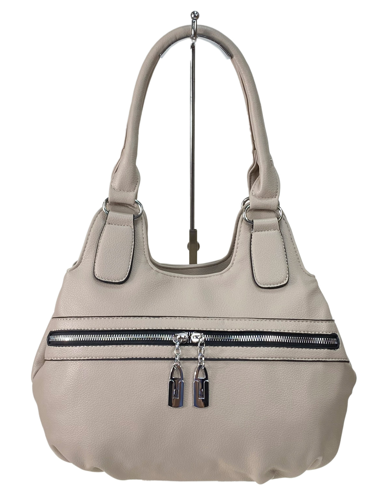 На фото 2 - Женская сумка из искусственной кожи, цвет бежево-серый