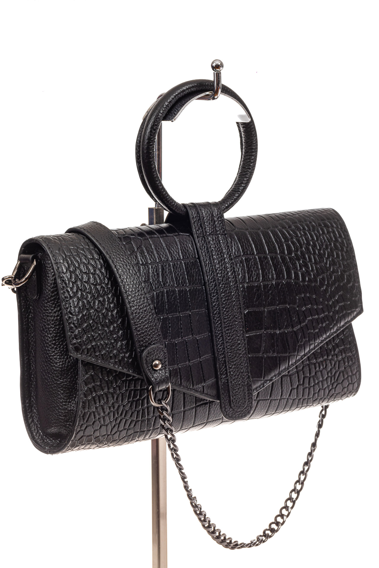 На фото 1 - Женская сумка багет из натуральной кожи, цвет черный
